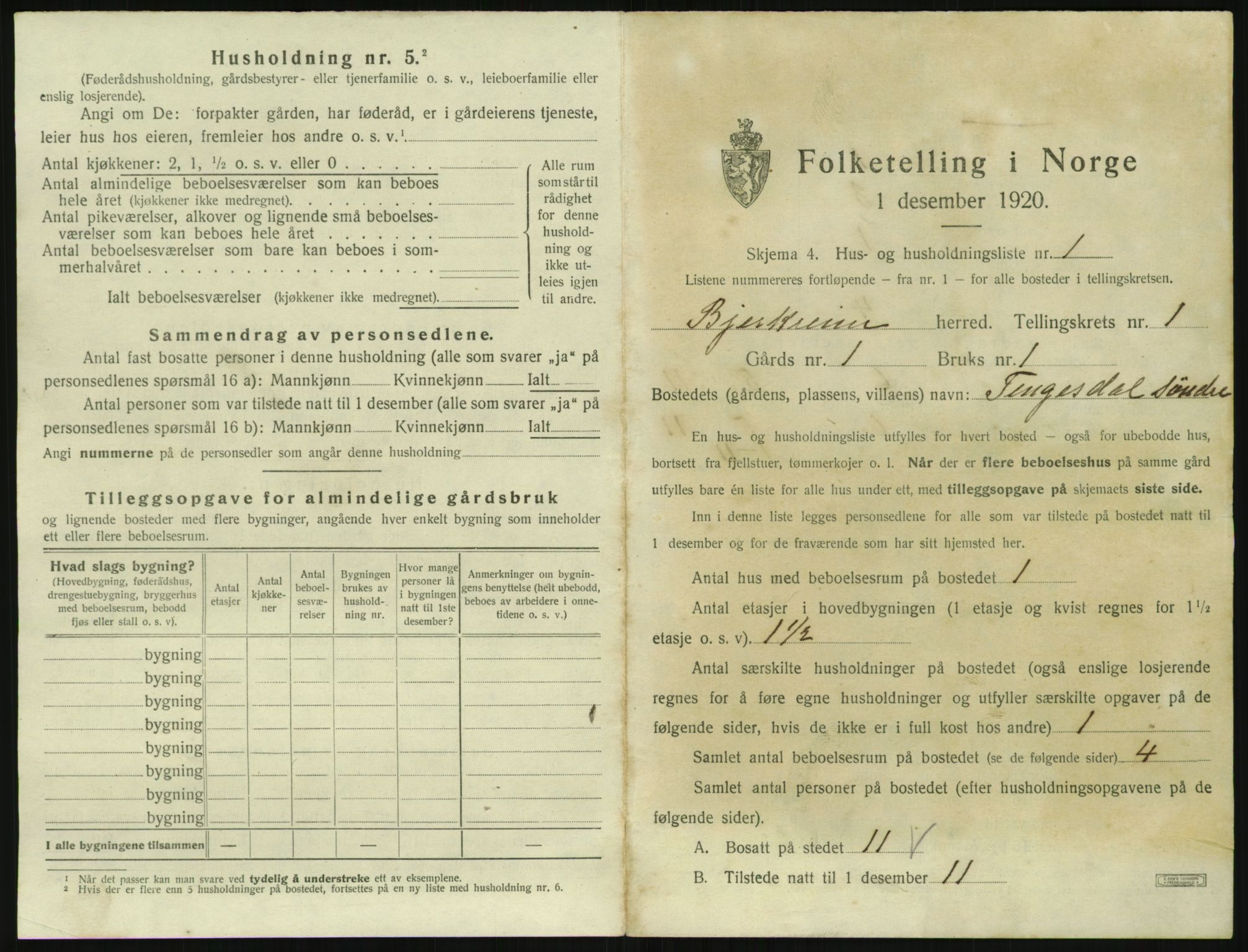 SAST, 1920 census for Bjerkreim, 1920, p. 44