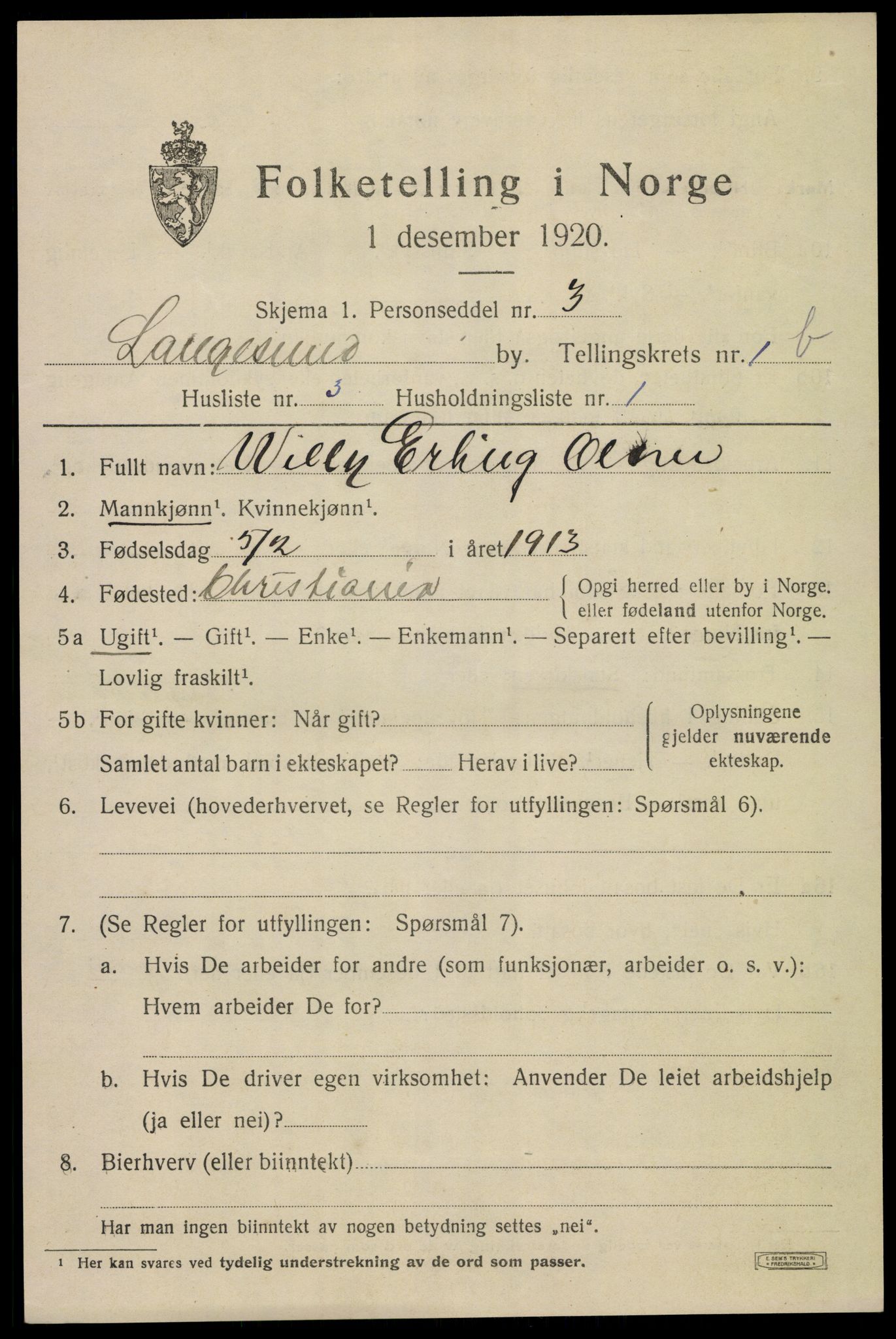 SAKO, 1920 census for Langesund, 1920, p. 2743