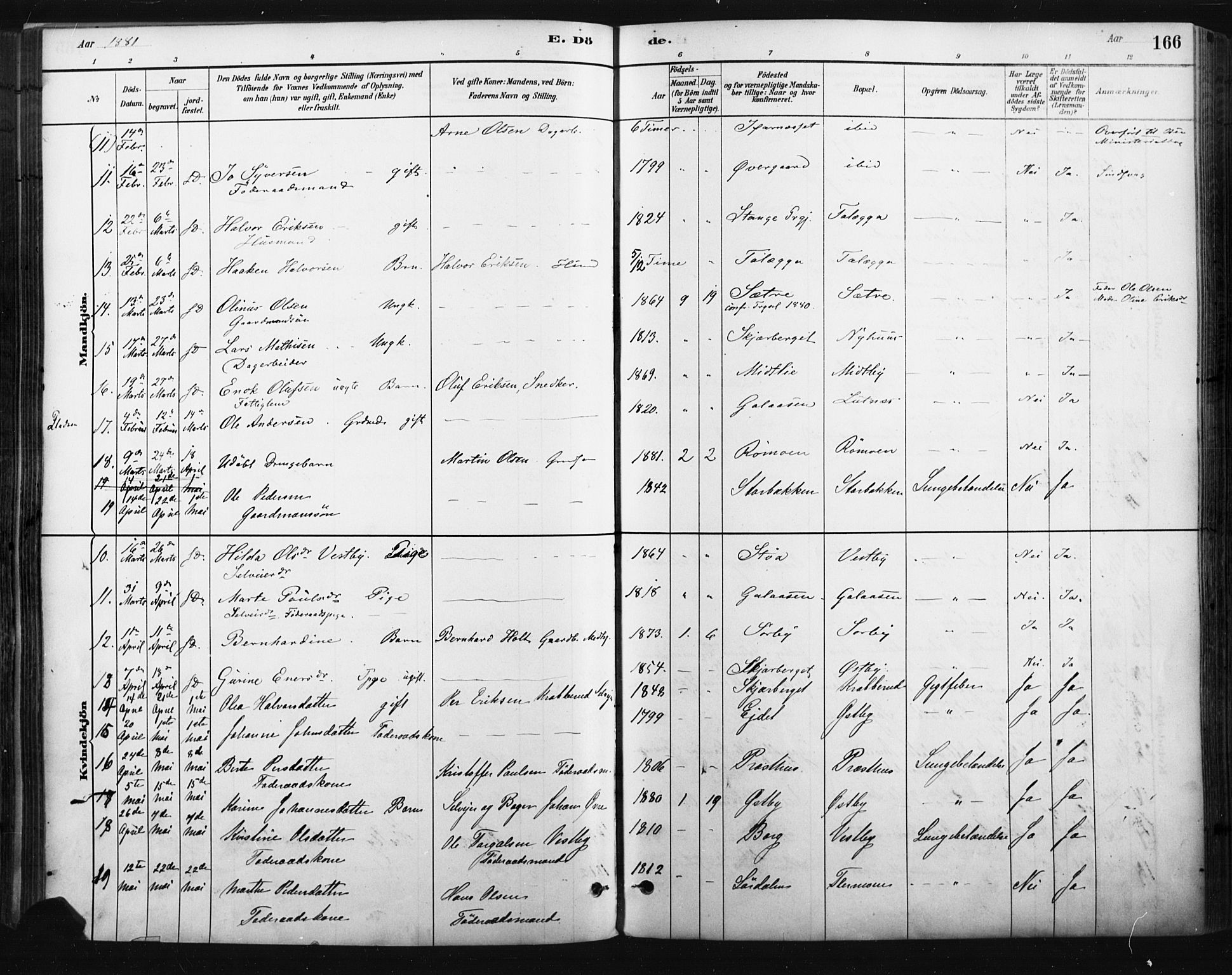 Trysil prestekontor, AV/SAH-PREST-046/H/Ha/Haa/L0009: Parish register (official) no. 9, 1881-1897, p. 166