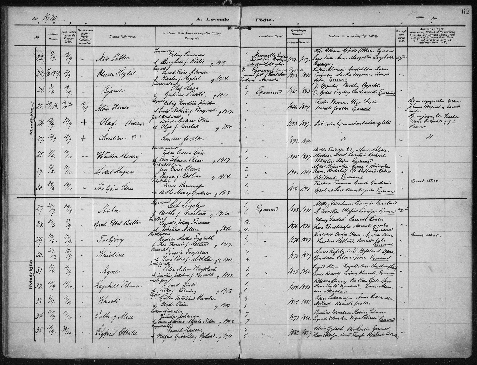 Eigersund sokneprestkontor, AV/SAST-A-101807/S08/L0022: Parish register (official) no. A 21, 1905-1928, p. 62