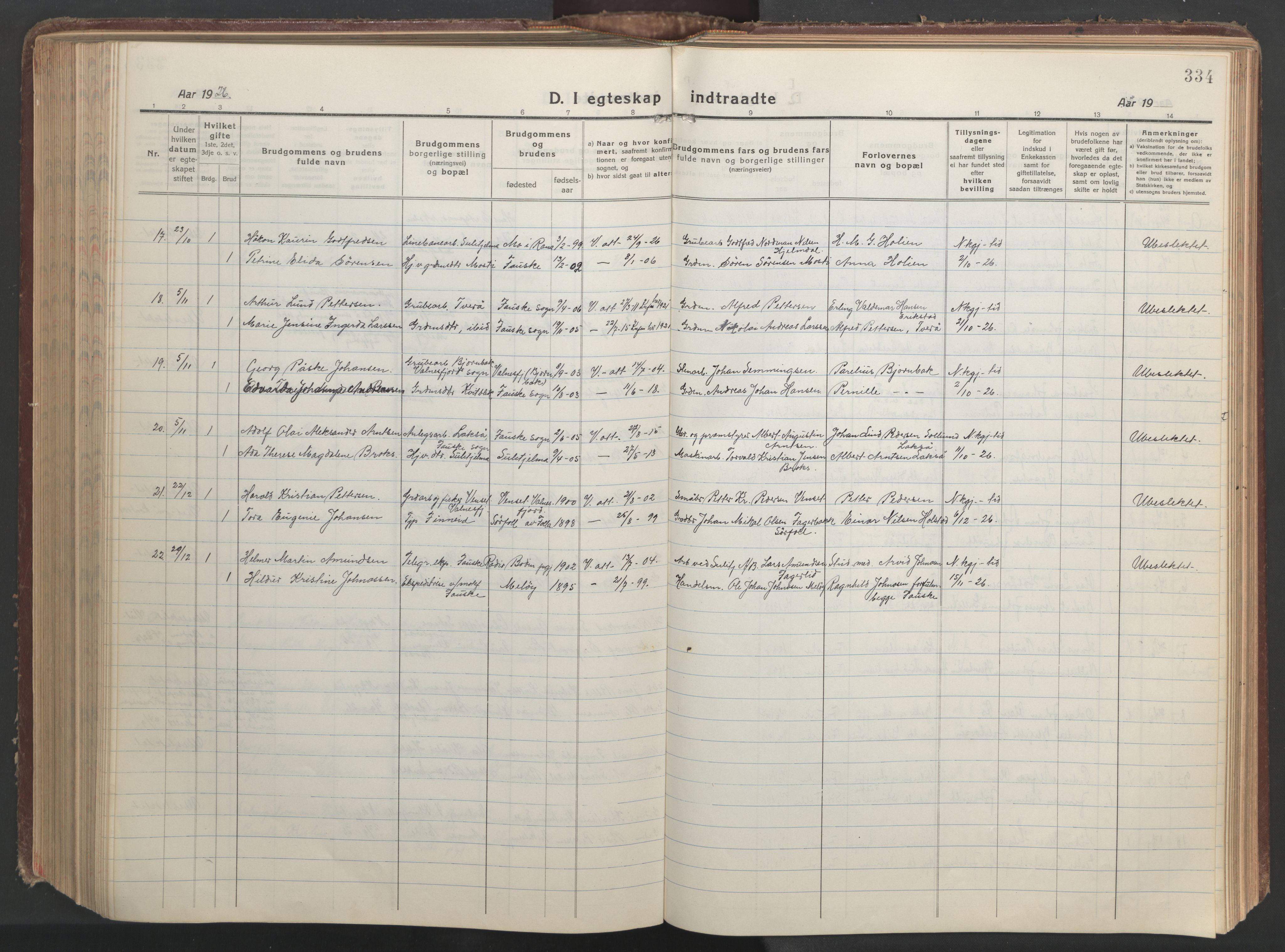 Ministerialprotokoller, klokkerbøker og fødselsregistre - Nordland, AV/SAT-A-1459/849/L0700: Parish register (copy) no. 849C01, 1919-1946, p. 334