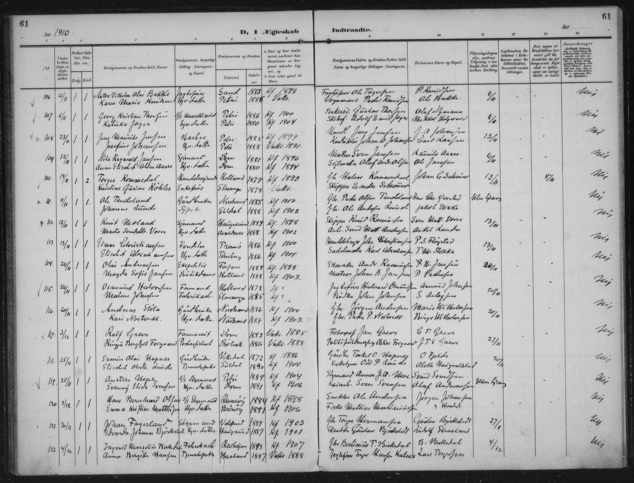 Domkirken sokneprestkontor, SAST/A-101812/002/A/L0016: Parish register (official) no. A 33, 1905-1922, p. 61