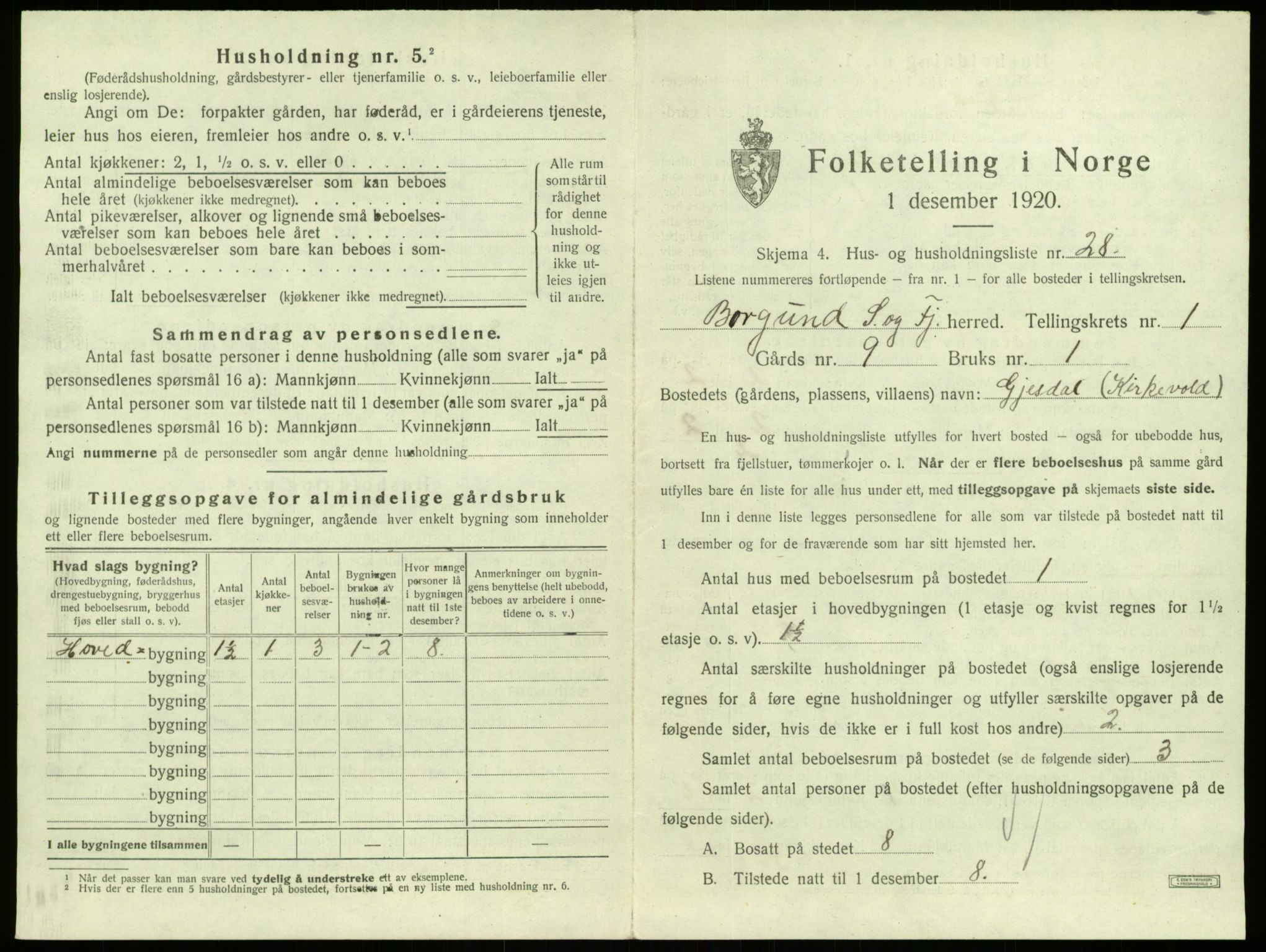 SAB, 1920 census for Borgund, 1920, p. 72