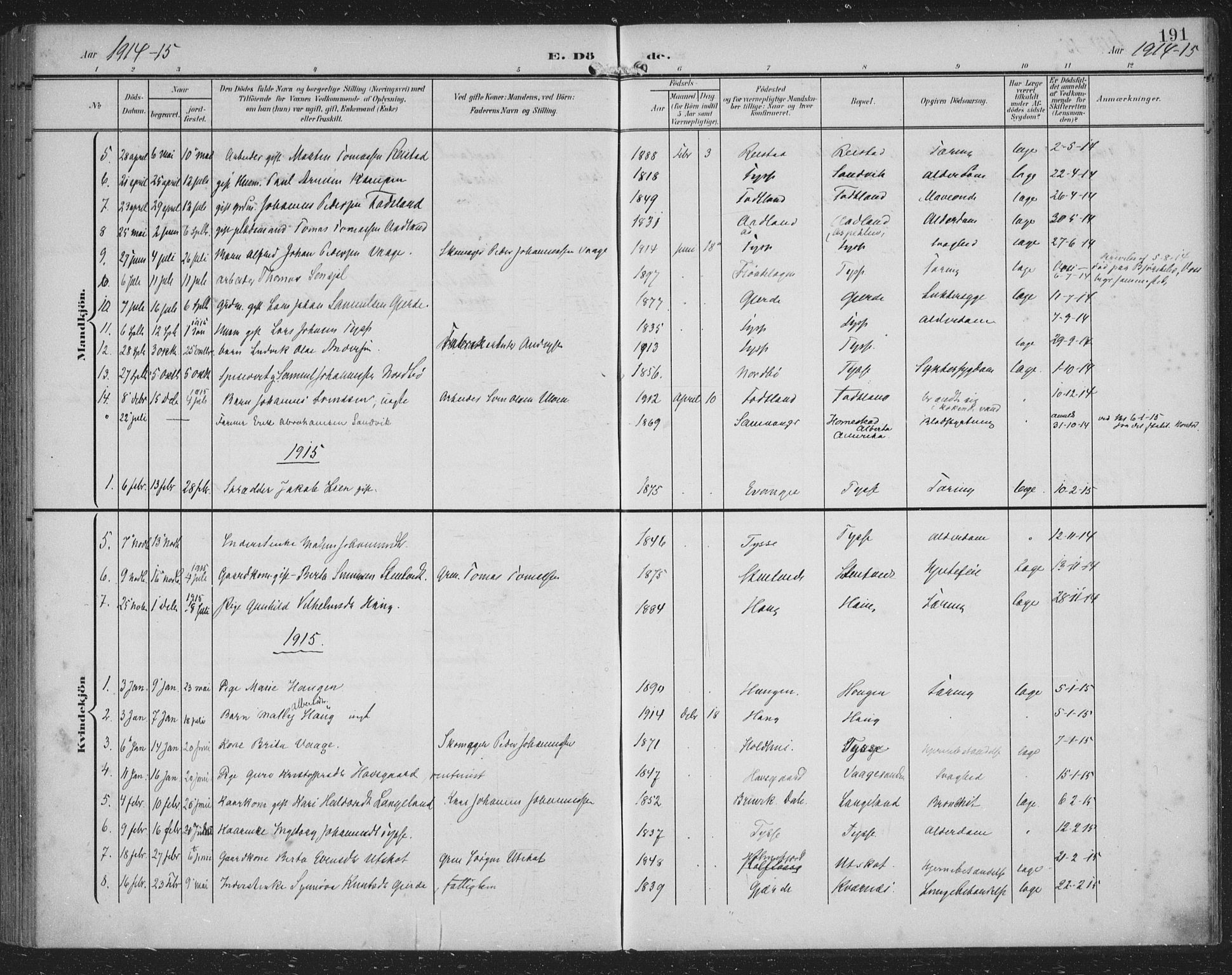 Samnanger Sokneprestembete, AV/SAB-A-77501/H/Haa: Parish register (official) no. A 2, 1902-1918, p. 191