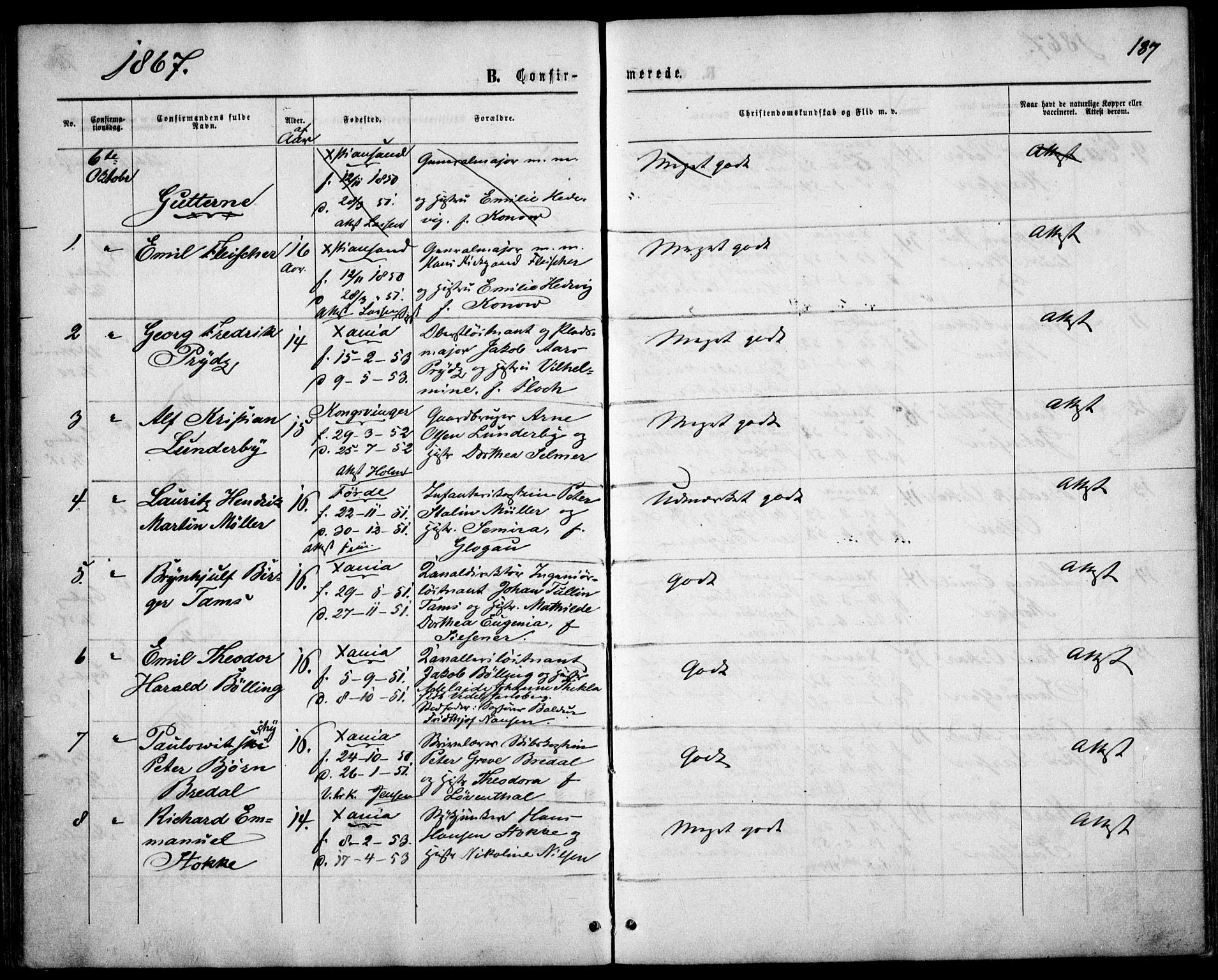Garnisonsmenigheten Kirkebøker, AV/SAO-A-10846/F/Fa/L0010: Parish register (official) no. 10, 1859-1869, p. 187