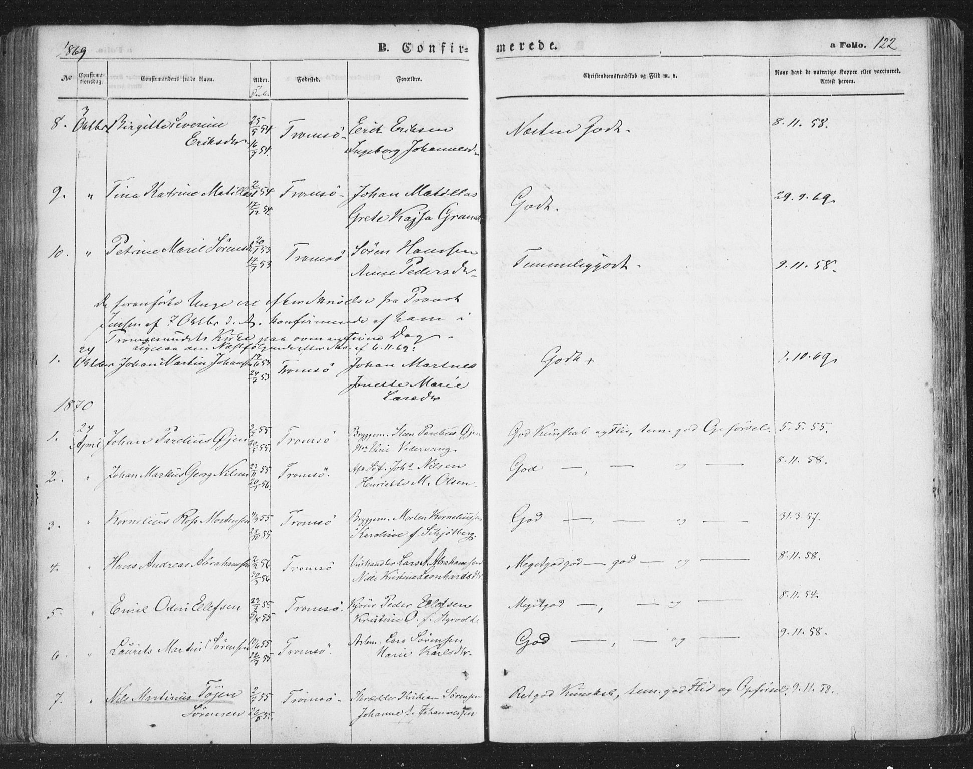 Tromsø sokneprestkontor/stiftsprosti/domprosti, SATØ/S-1343/G/Ga/L0012kirke: Parish register (official) no. 12, 1865-1871, p. 122