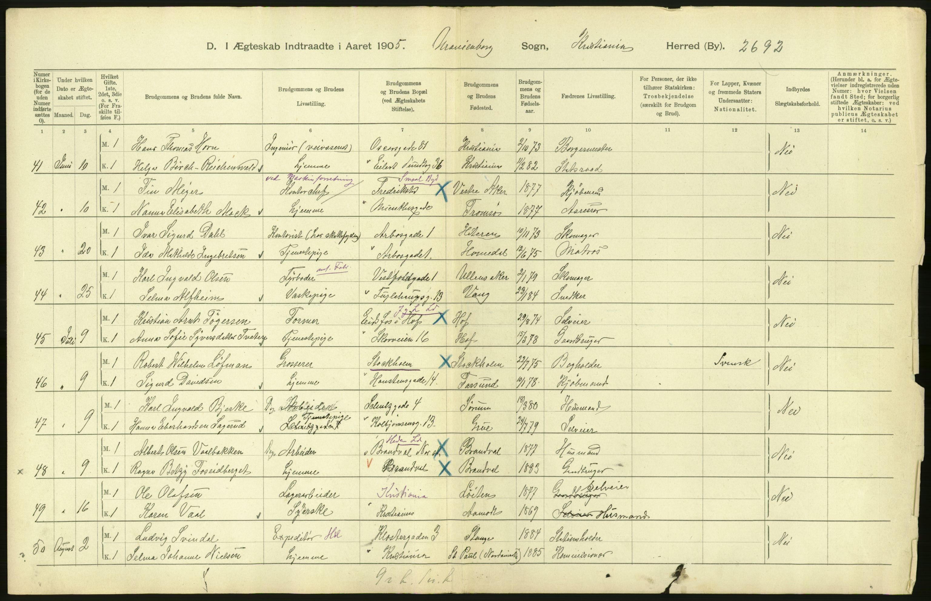 Statistisk sentralbyrå, Sosiodemografiske emner, Befolkning, AV/RA-S-2228/D/Df/Dfa/Dfac/L0007b: Kristiania: Gifte, 1905, p. 188