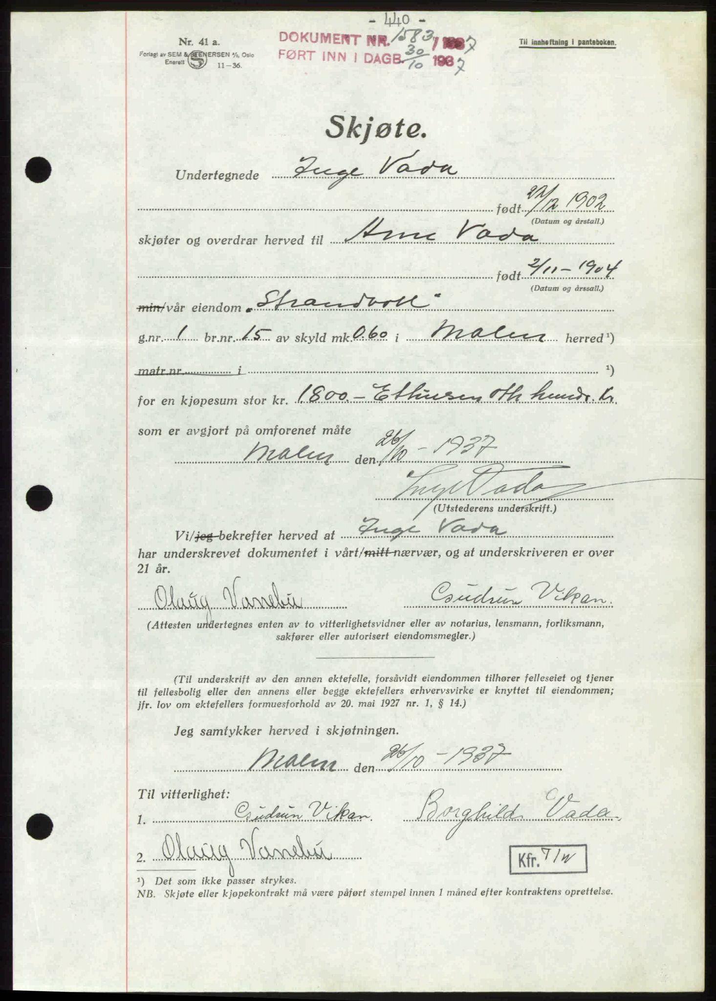 Inderøy sorenskriveri, AV/SAT-A-4147/1/2/2C: Mortgage book no. A 3, 1937-1938, p. 440, Diary no: : 1583/1937