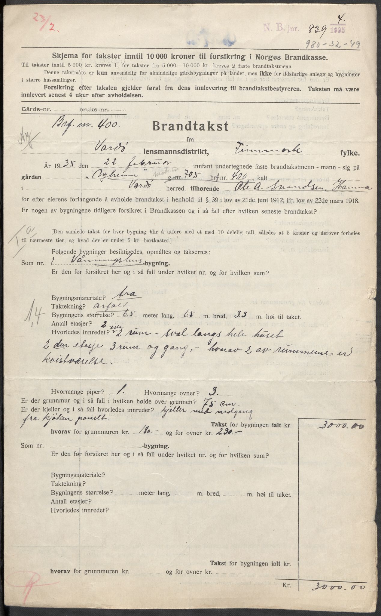 Norges Brannkasse, AV/RA-S-1549/E/Eu/L0019: Branntakster for Vardø by, 1889-1955, p. 7