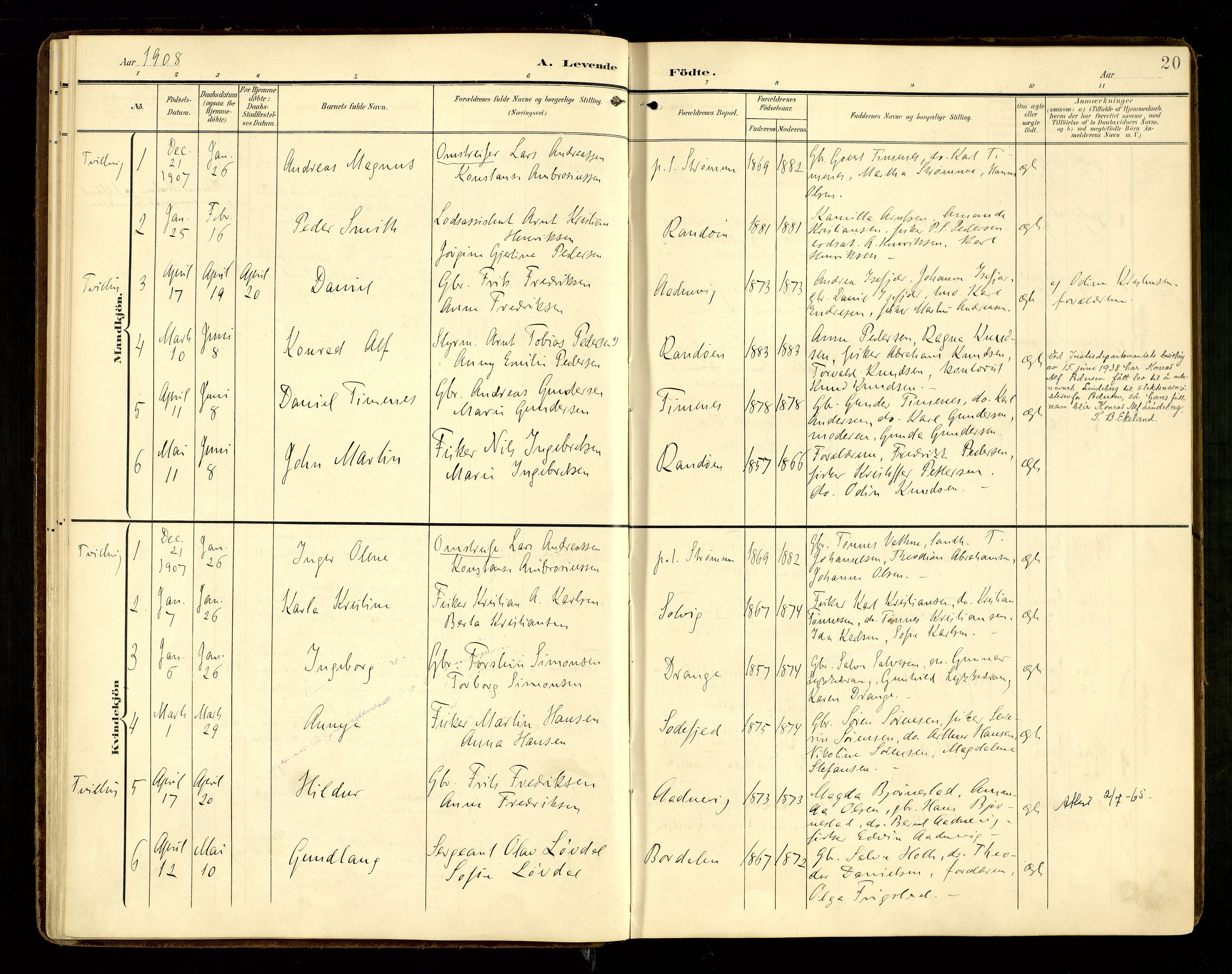 Oddernes sokneprestkontor, AV/SAK-1111-0033/F/Fa/Fab/L0003: Parish register (official) no. A 3, 1903-1916, p. 20