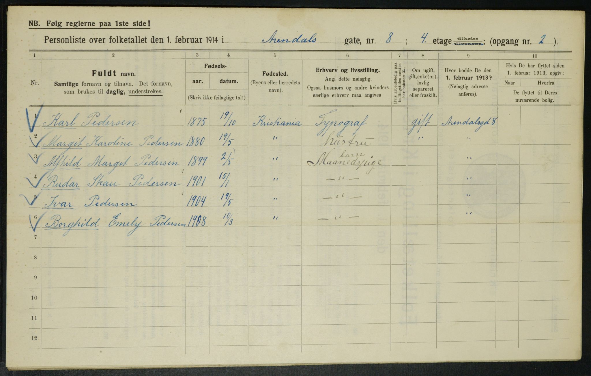 OBA, Municipal Census 1914 for Kristiania, 1914, p. 2043