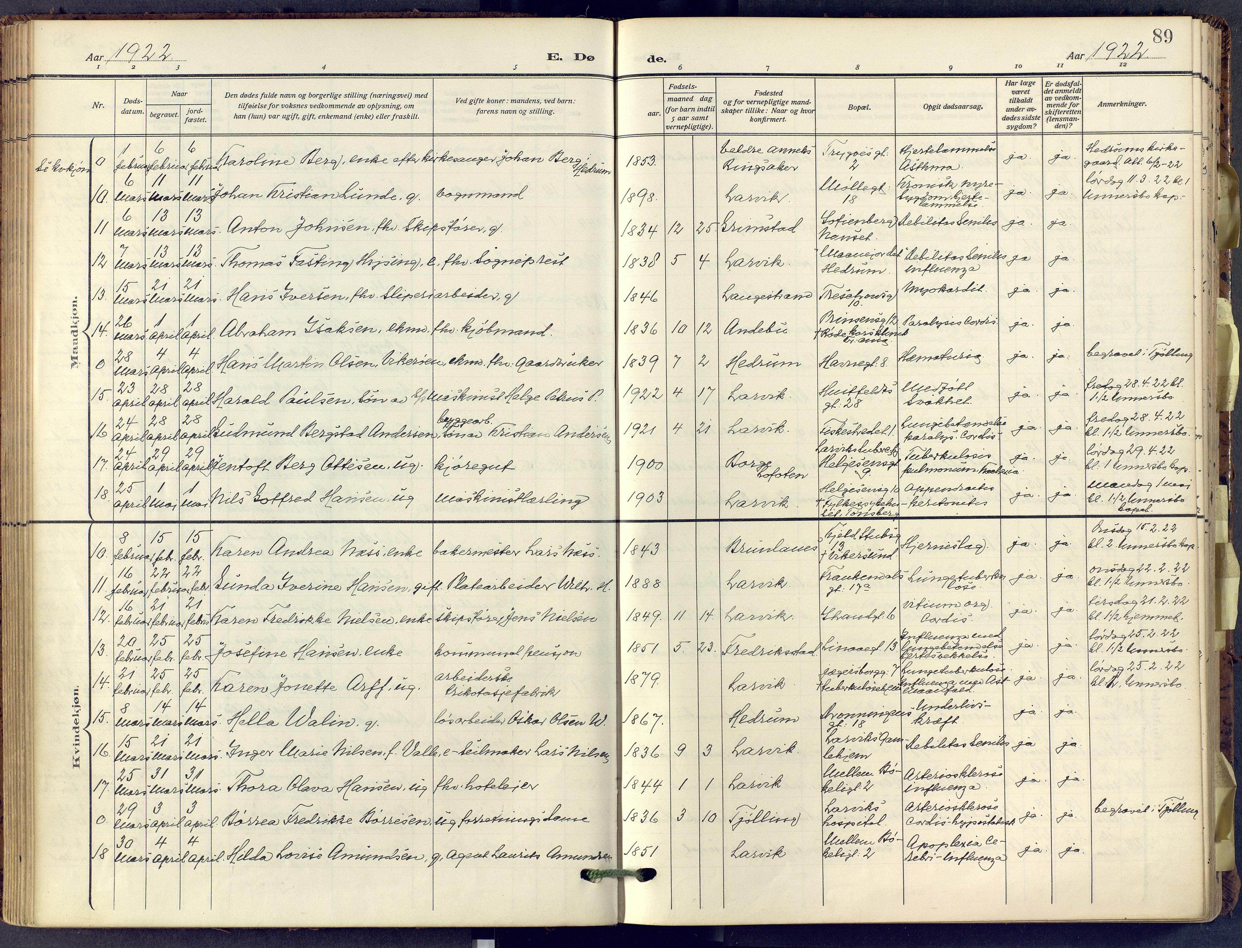 Larvik kirkebøker, SAKO/A-352/F/Fa/L0013: Parish register (official) no. I 13, 1910-1960, p. 89