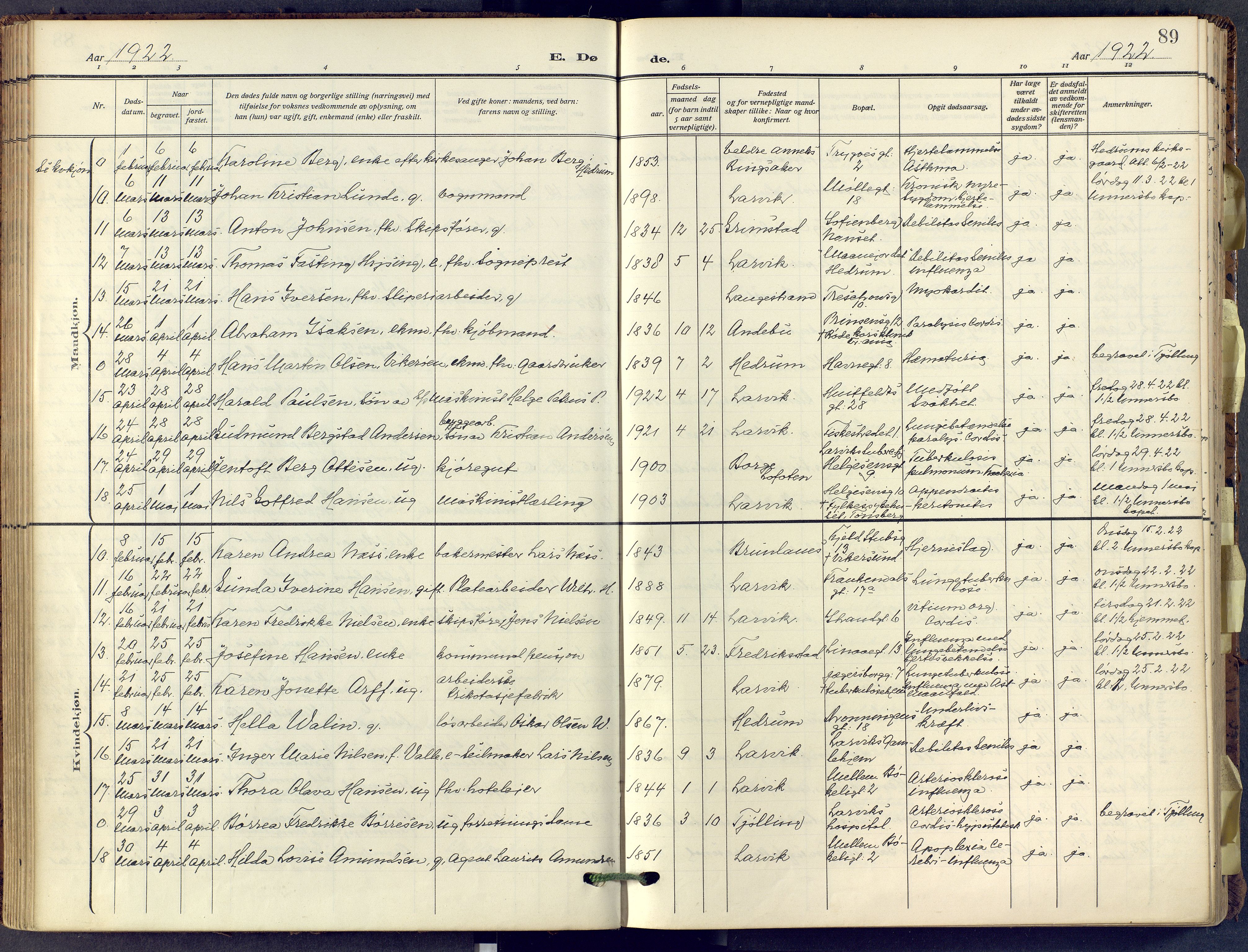 Larvik kirkebøker, AV/SAKO-A-352/F/Fa/L0013: Parish register (official) no. I 13, 1910-1960, p. 89