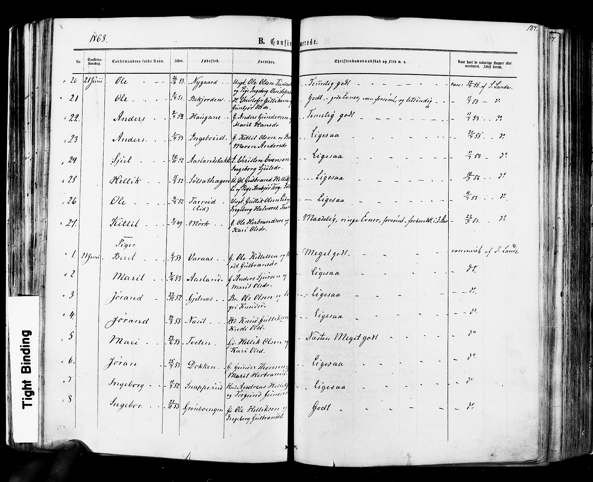Flesberg kirkebøker, SAKO/A-18/F/Fa/L0007: Parish register (official) no. I 7, 1861-1878, p. 187