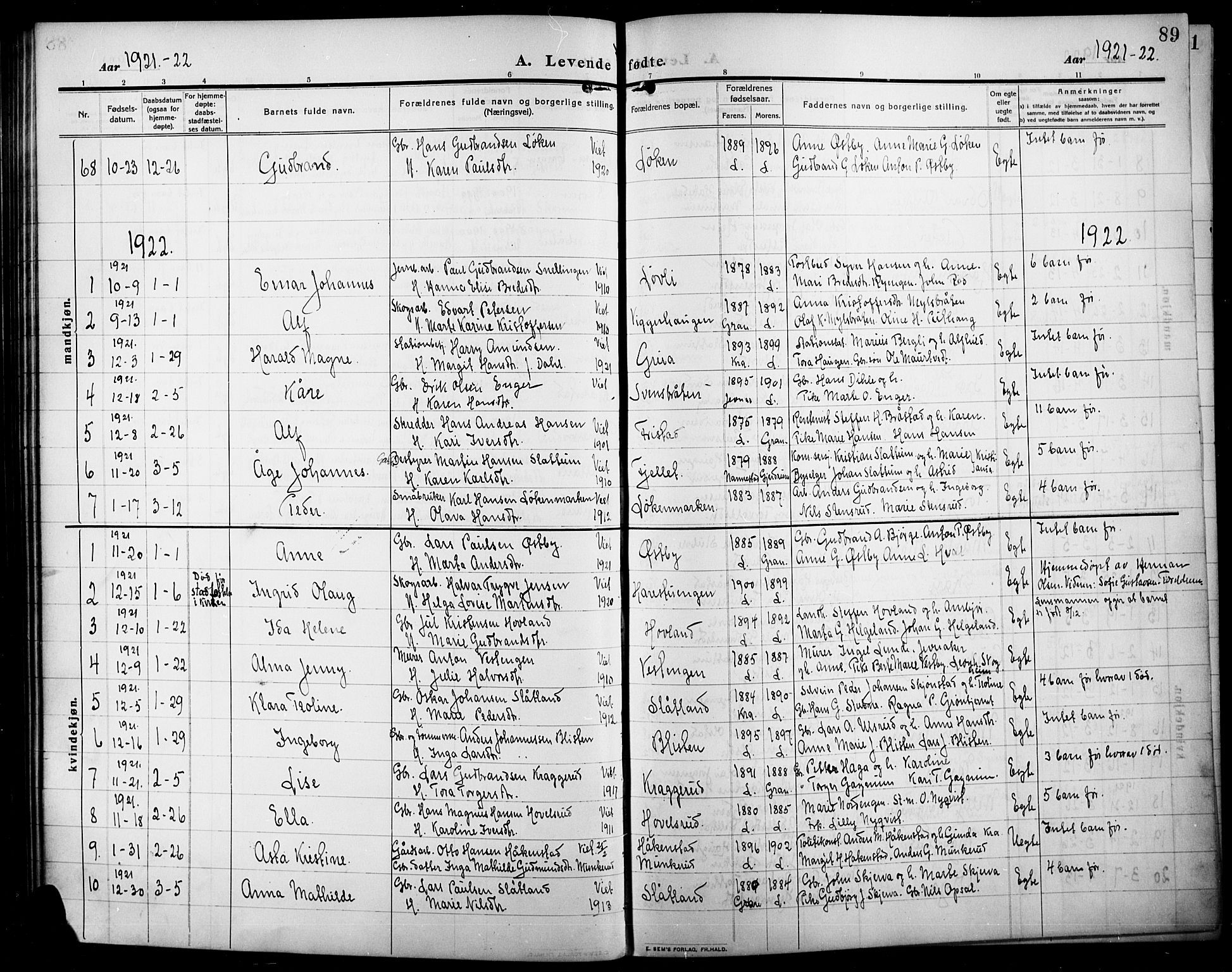 Lunner prestekontor, SAH/PREST-118/H/Ha/Hab/L0001: Parish register (copy) no. 1, 1909-1922, p. 89