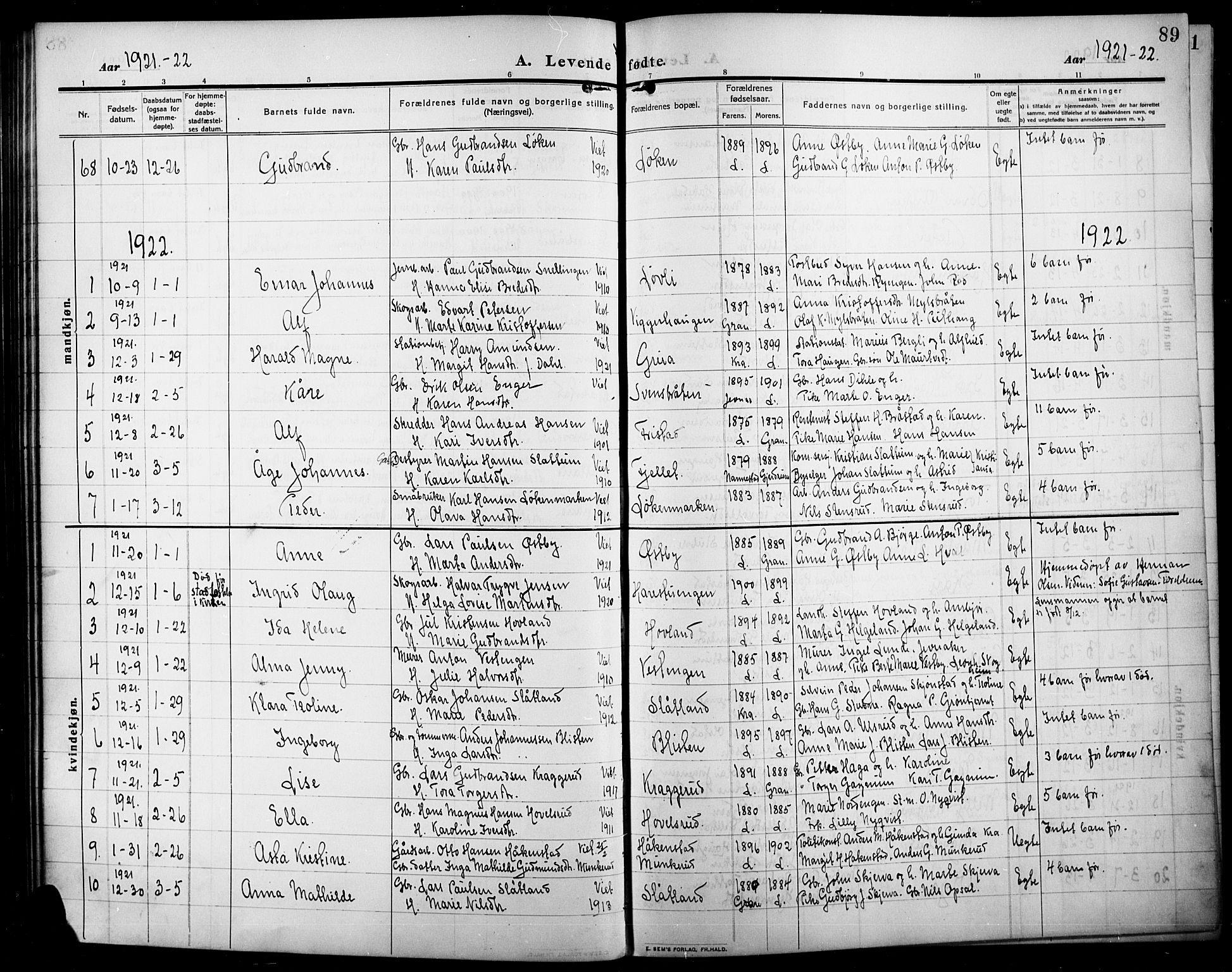 Lunner prestekontor, AV/SAH-PREST-118/H/Ha/Hab/L0001: Parish register (copy) no. 1, 1909-1922, p. 89