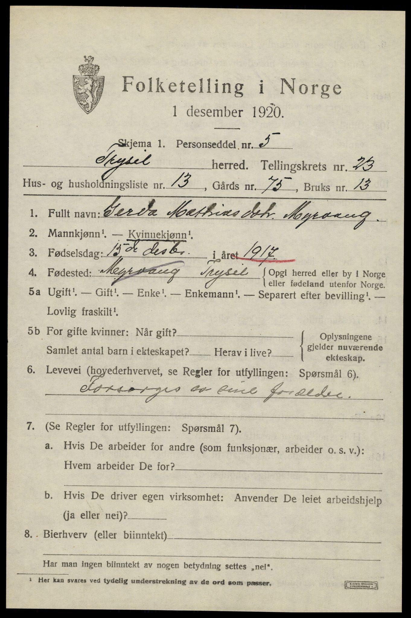 SAH, 1920 census for Trysil, 1920, p. 14989