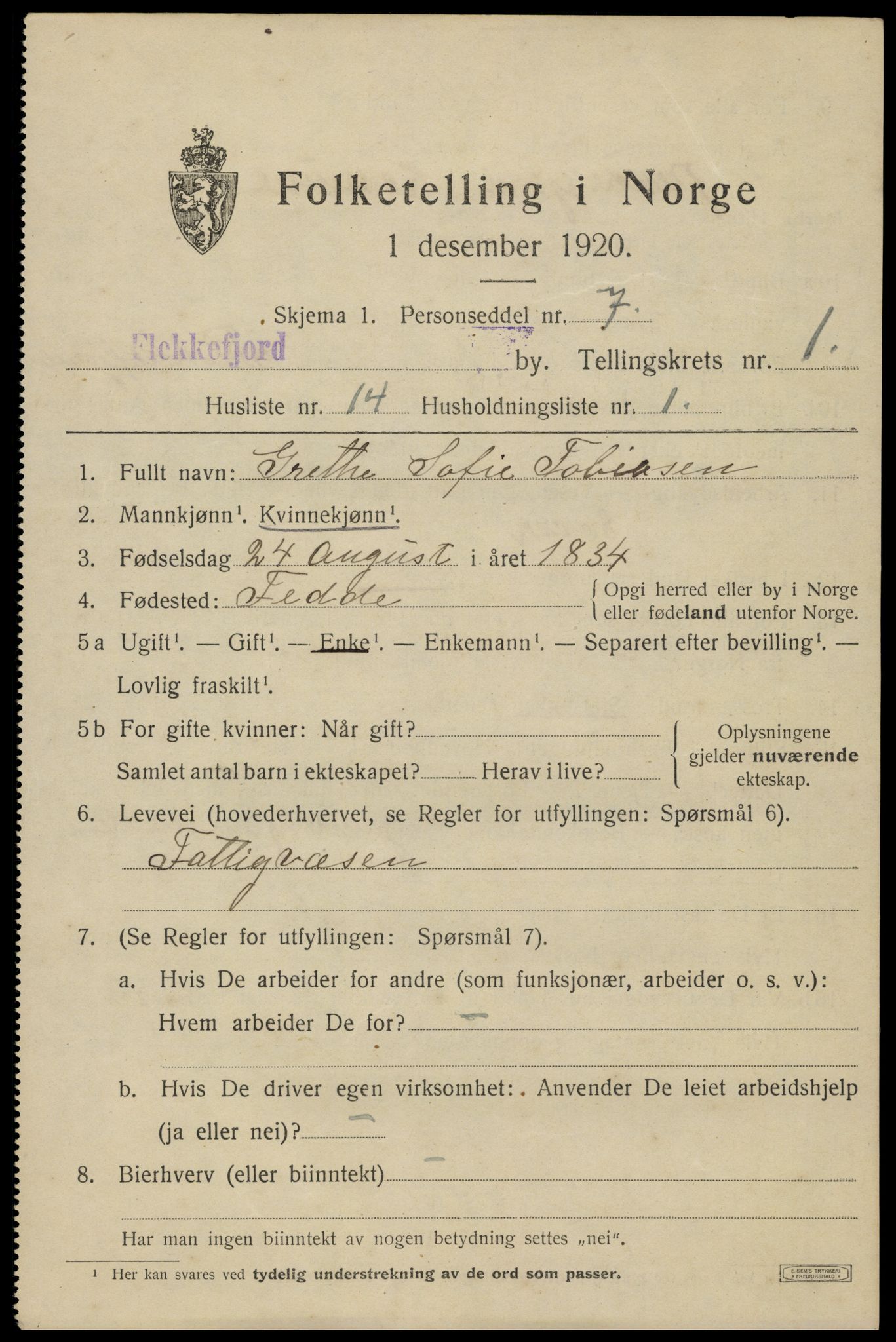 SAK, 1920 census for Flekkefjord, 1920, p. 2008