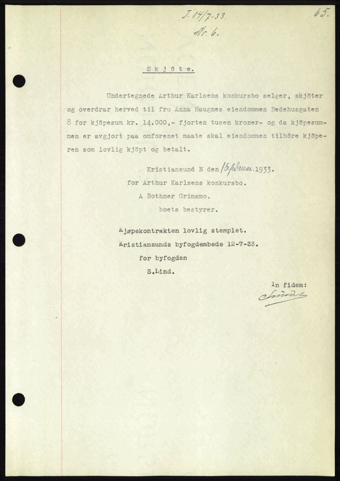 Kristiansund byfogd, AV/SAT-A-4587/A/27: Mortgage book no. 27, 1933-1934, Deed date: 14.07.1933