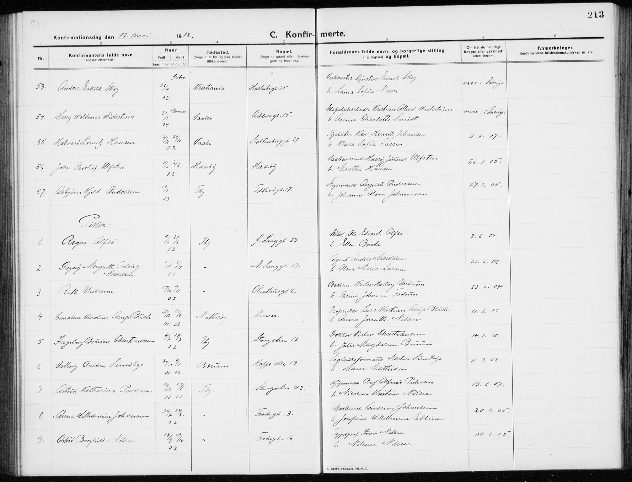 Tønsberg kirkebøker, AV/SAKO-A-330/G/Ga/L0009: Parish register (copy) no. 9, 1913-1920, p. 213