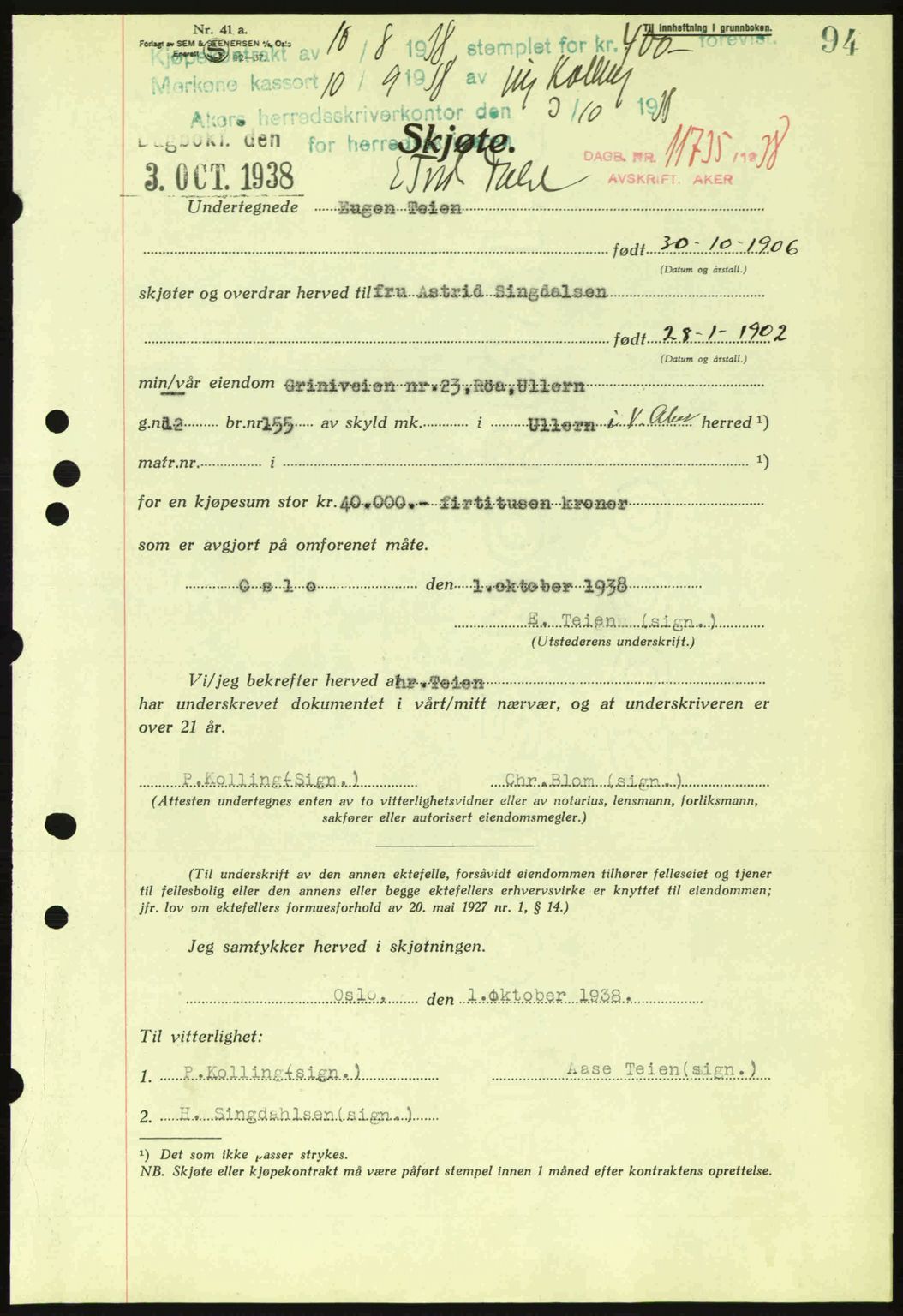 Aker herredsskriveri, SAO/A-10896/G/Gb/Gba/Gbab/L0025: Mortgage book no. A154-155, 1938-1938, Diary no: : 11735/1938