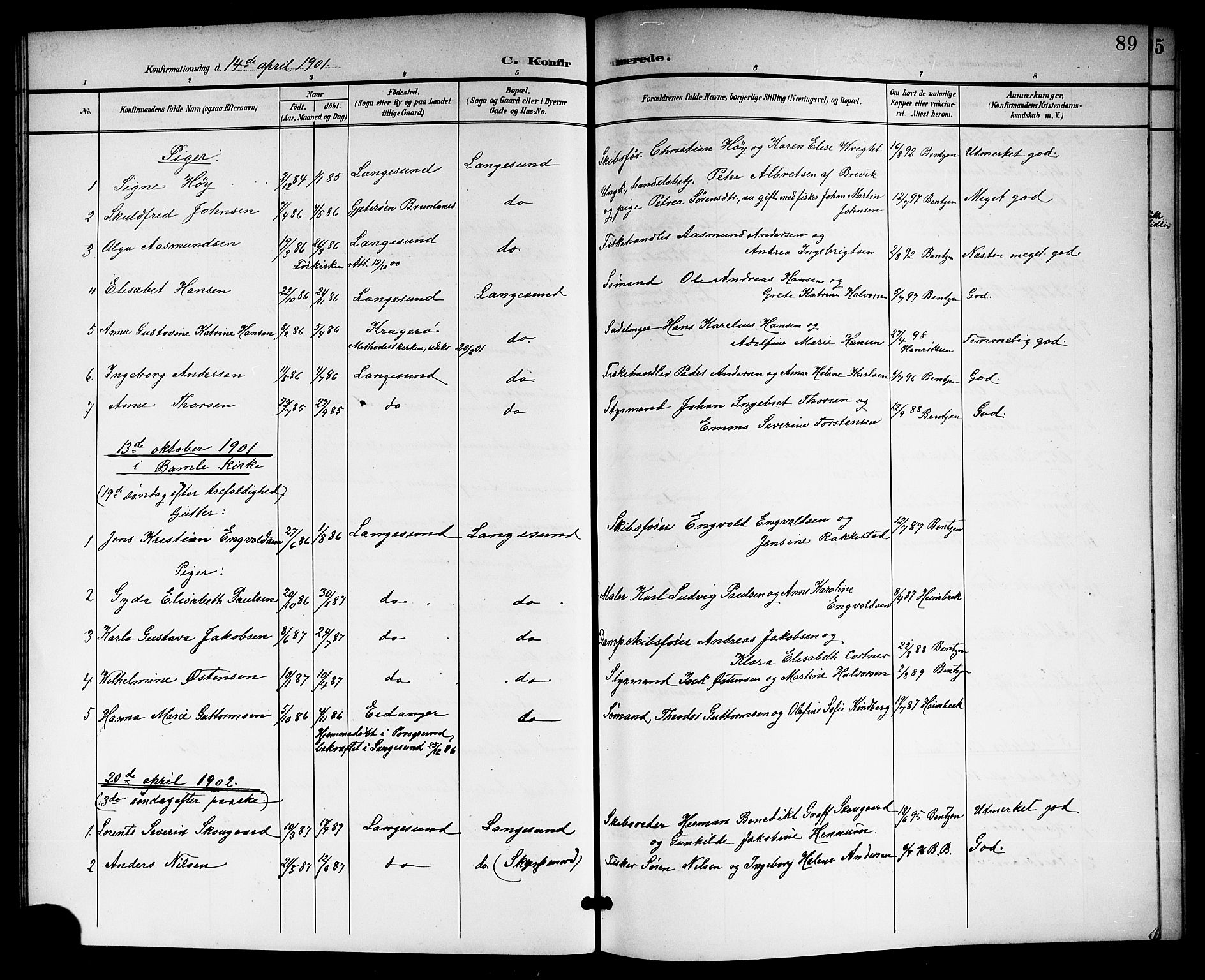 Langesund kirkebøker, SAKO/A-280/G/Ga/L0006: Parish register (copy) no. 6, 1899-1918, p. 89