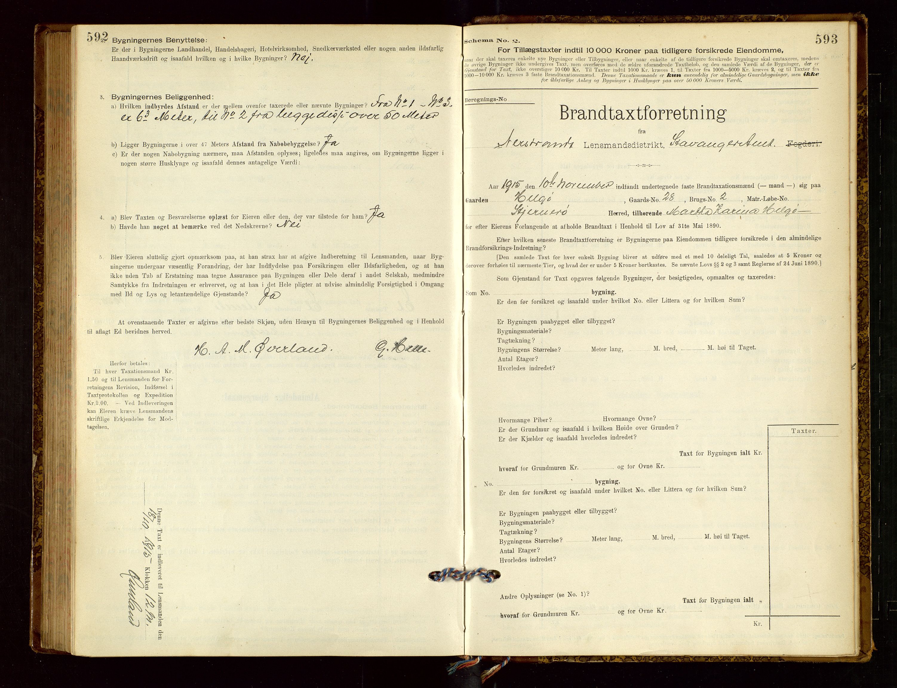 Nedstrand lensmannskontor, AV/SAST-A-100236/Gob/L0001: "Brandtaxationsprotokol for Nerstrand Lensmandsdistrikt Ryfylke fogderi", 1895-1915, p. 592-593