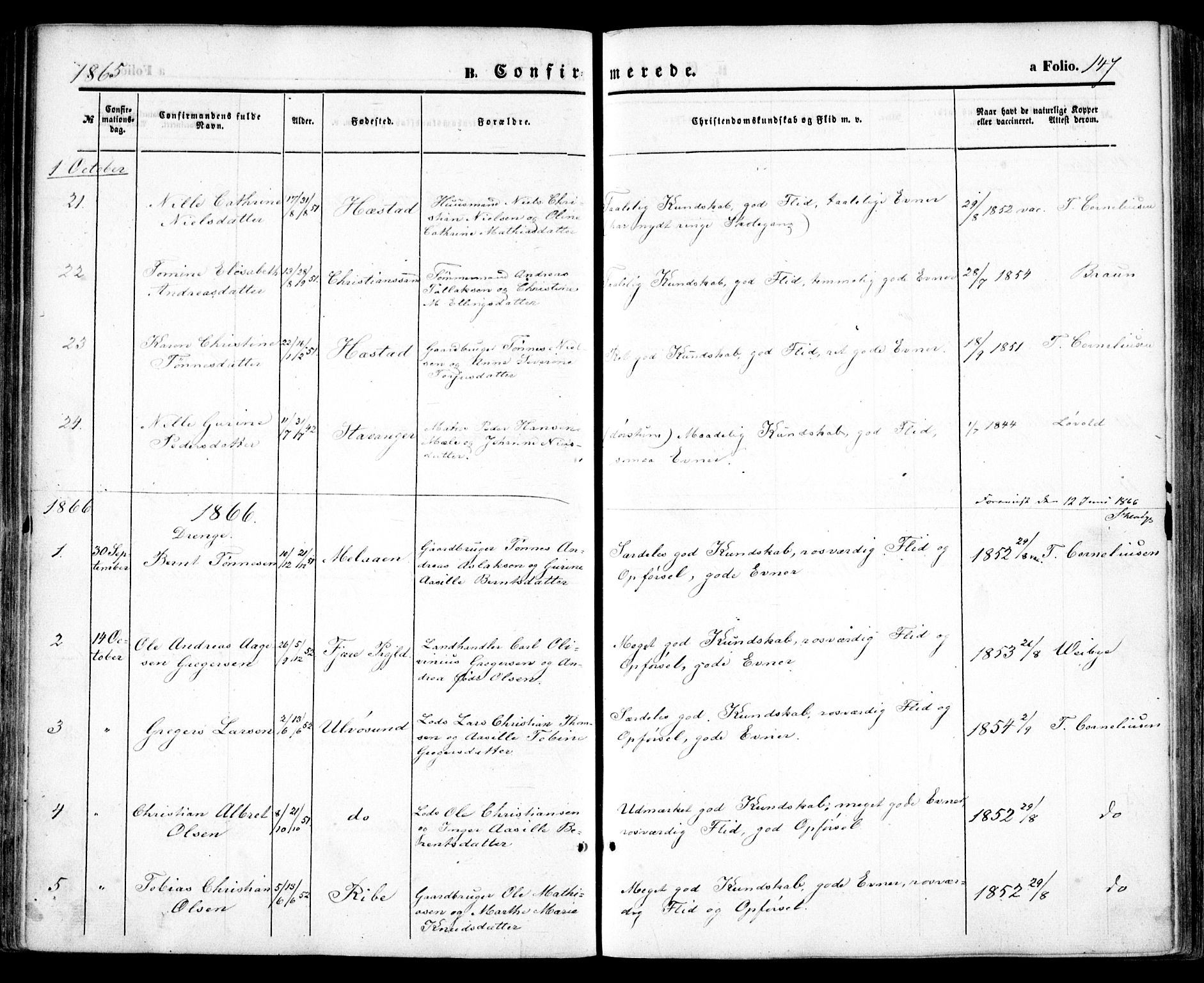 Høvåg sokneprestkontor, SAK/1111-0025/F/Fa/L0004: Parish register (official) no. A 4, 1859-1877, p. 147