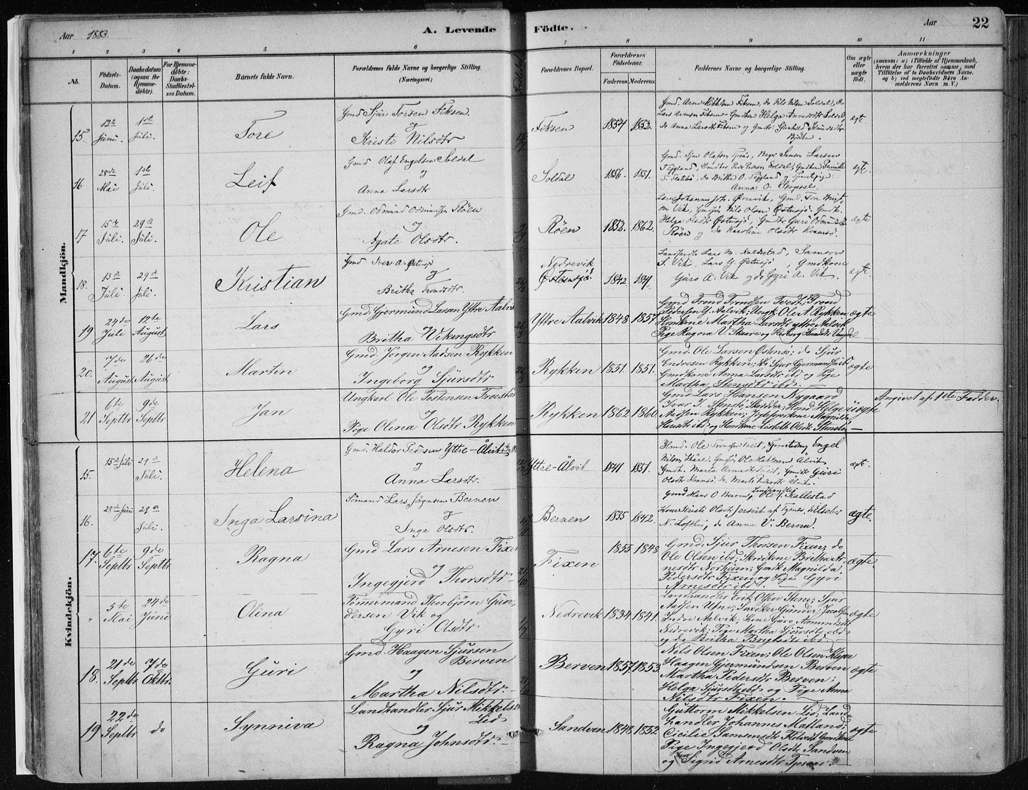 Kvam sokneprestembete, AV/SAB-A-76201/H/Haa: Parish register (official) no. C  1, 1880-1906, p. 22