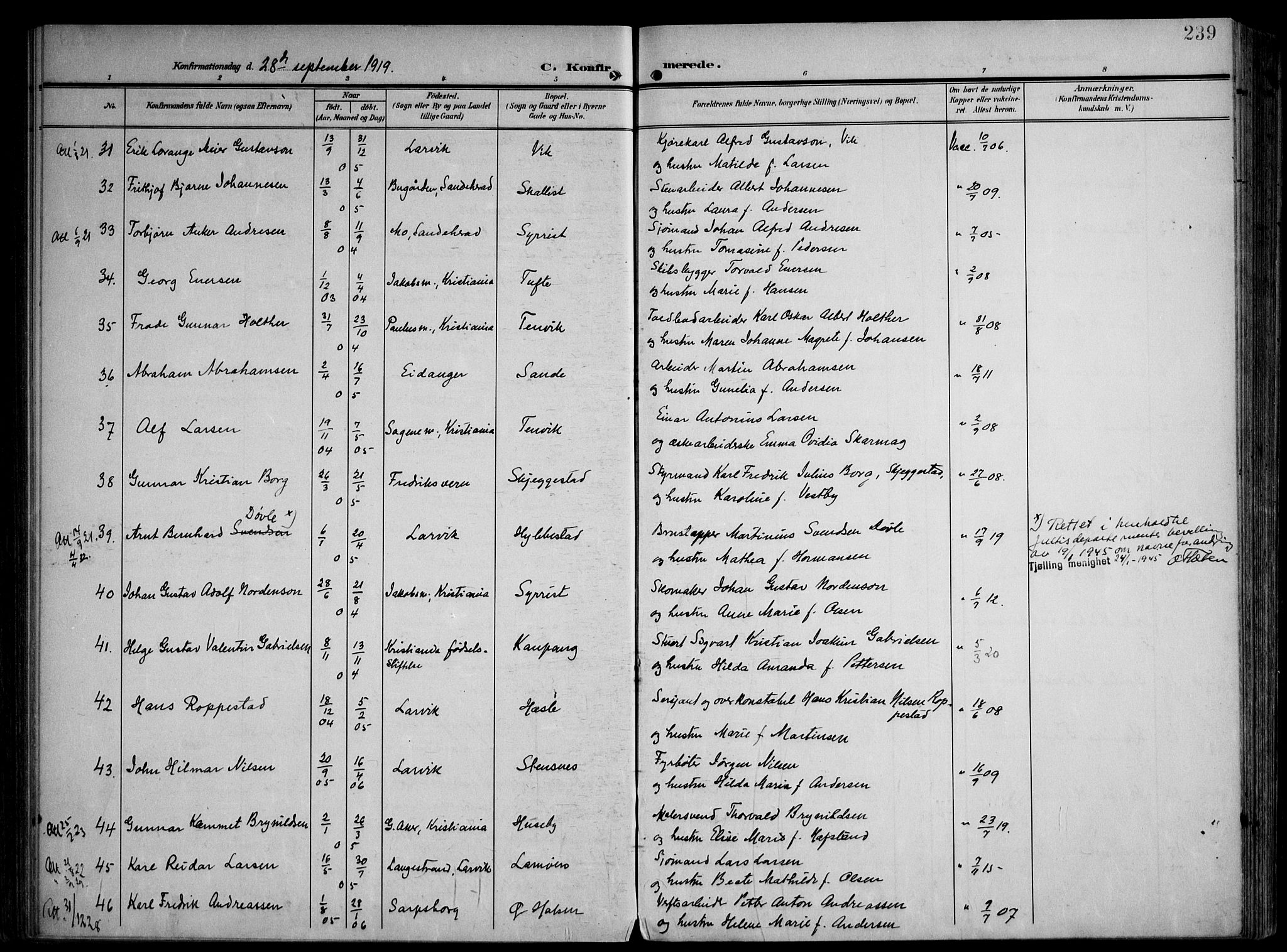 Tjølling kirkebøker, AV/SAKO-A-60/F/Fa/L0010: Parish register (official) no. 10, 1906-1923, p. 239