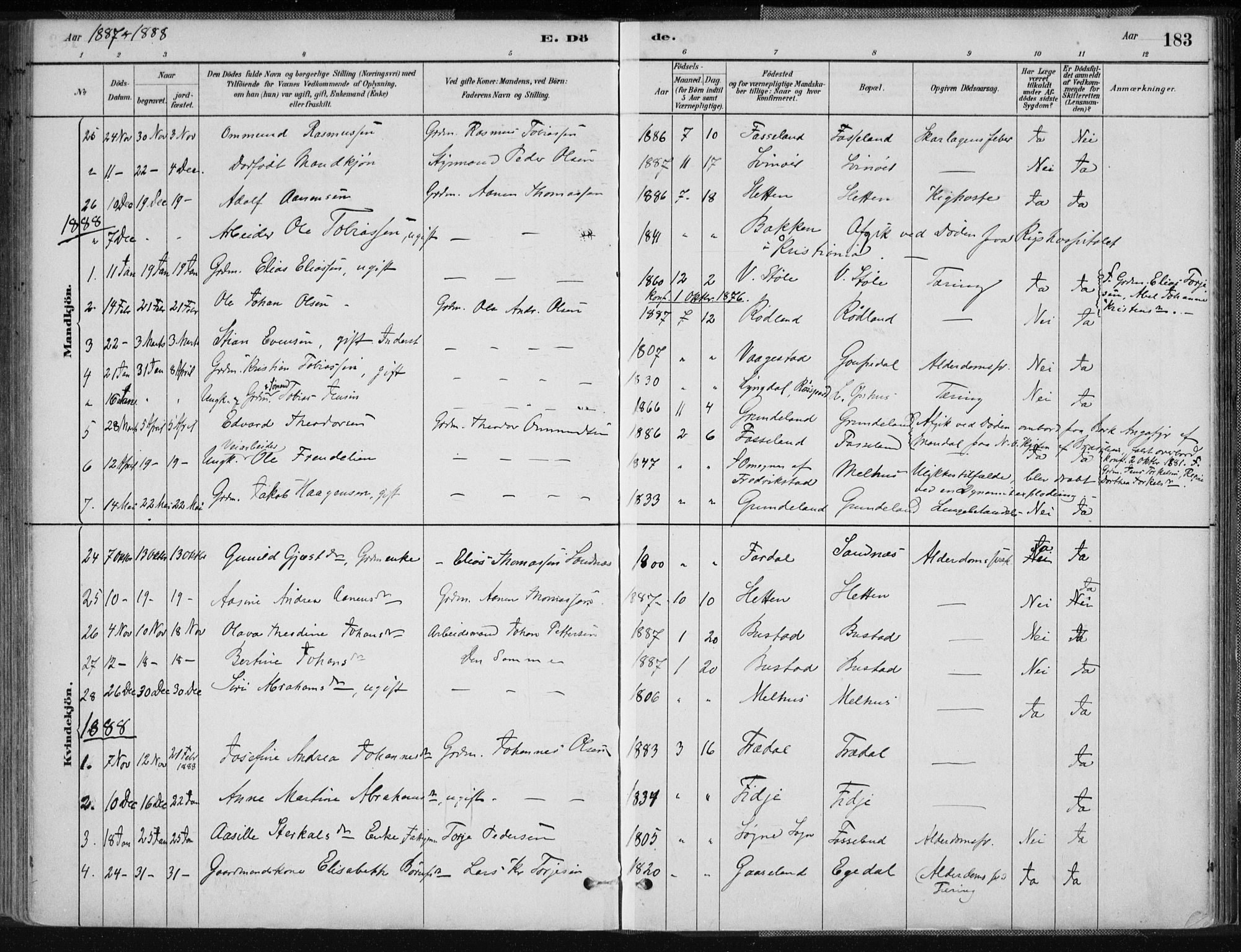 Sør-Audnedal sokneprestkontor, SAK/1111-0039/F/Fa/Fab/L0009: Parish register (official) no. A 9, 1880-1895, p. 183