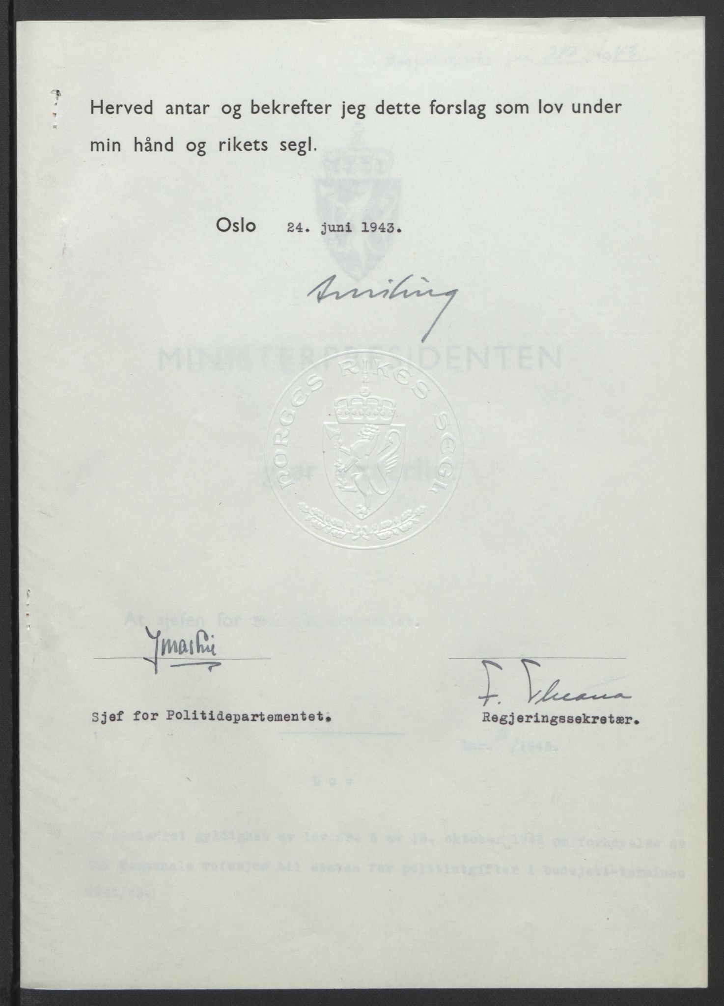 NS-administrasjonen 1940-1945 (Statsrådsekretariatet, de kommisariske statsråder mm), RA/S-4279/D/Db/L0099: Lover, 1943, p. 439