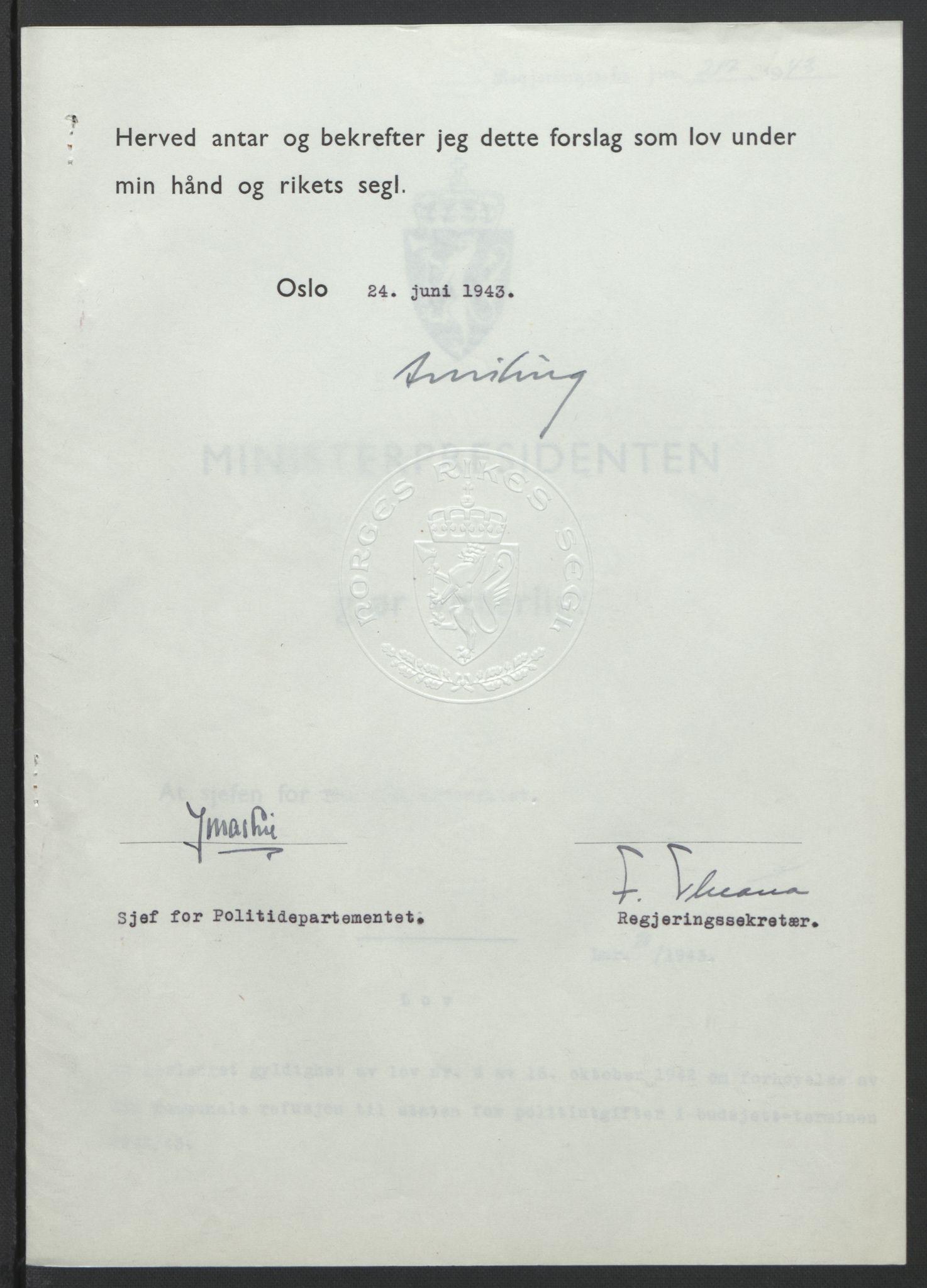 NS-administrasjonen 1940-1945 (Statsrådsekretariatet, de kommisariske statsråder mm), AV/RA-S-4279/D/Db/L0099: Lover, 1943, p. 439