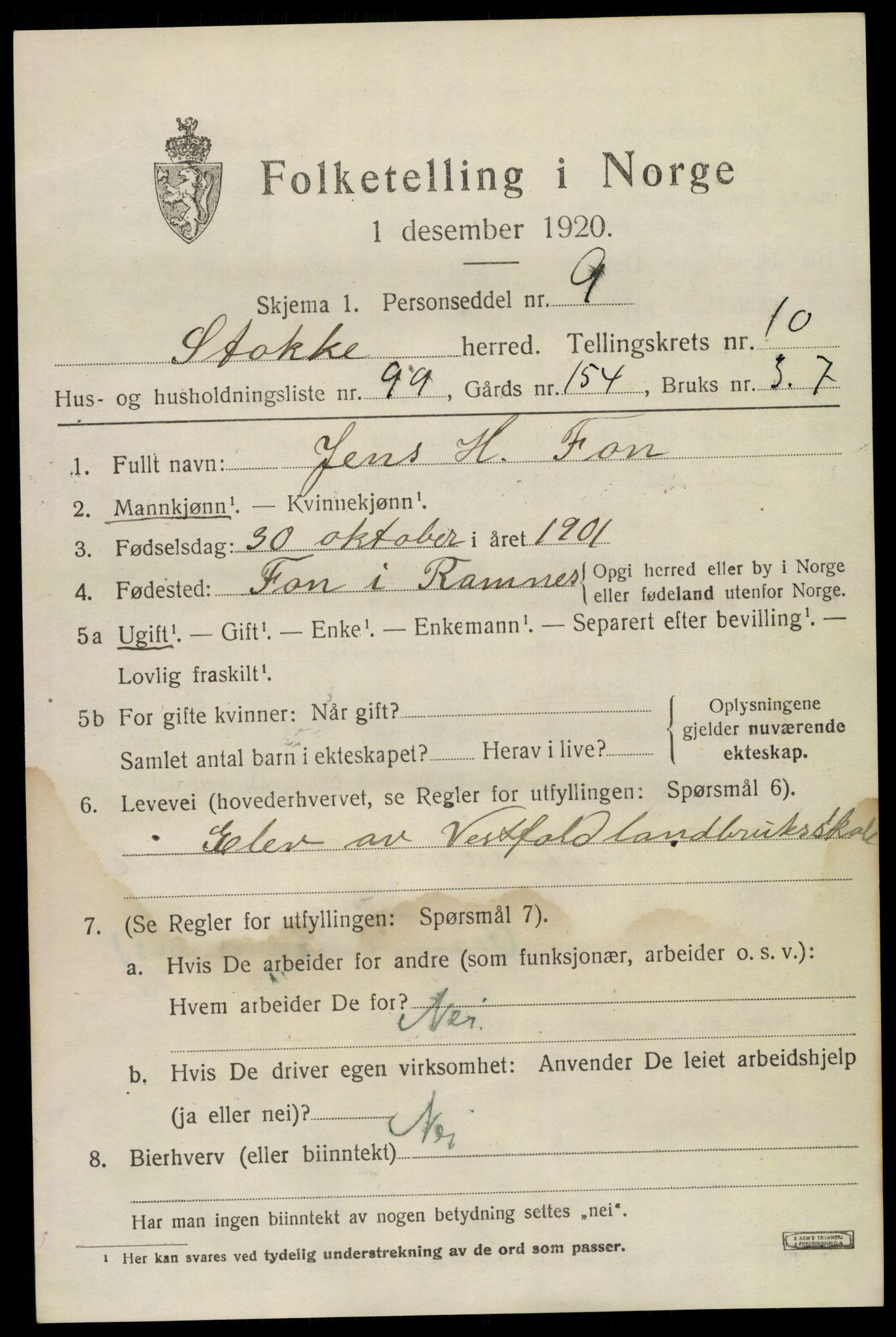 SAKO, 1920 census for Stokke, 1920, p. 12224