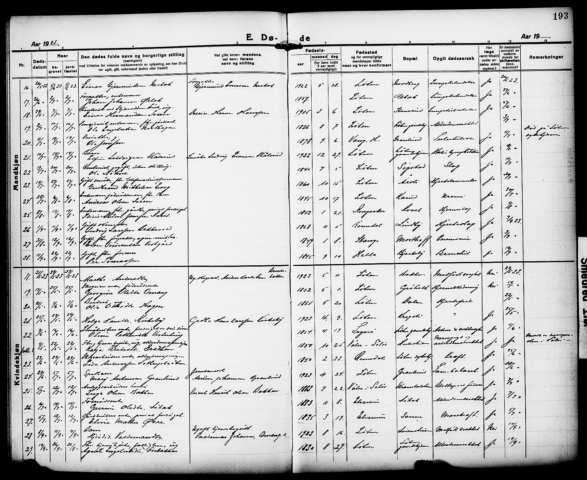 Løten prestekontor, AV/SAH-PREST-022/L/La/L0008: Parish register (copy) no. 8, 1920-1929, p. 193