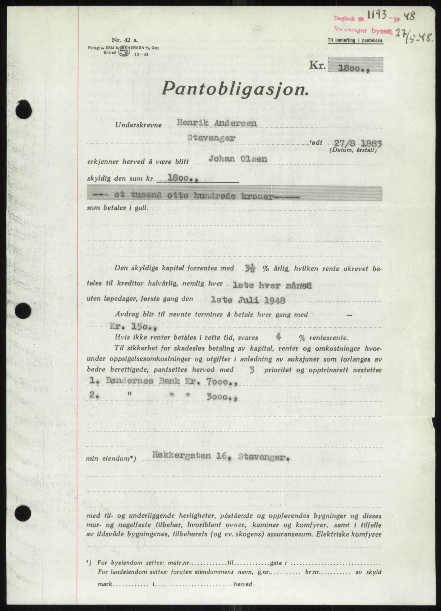 Stavanger byrett, SAST/A-100455/002/G/Gb/L0032: Mortgage book, 1947-1950, Diary no: : 1193/1948