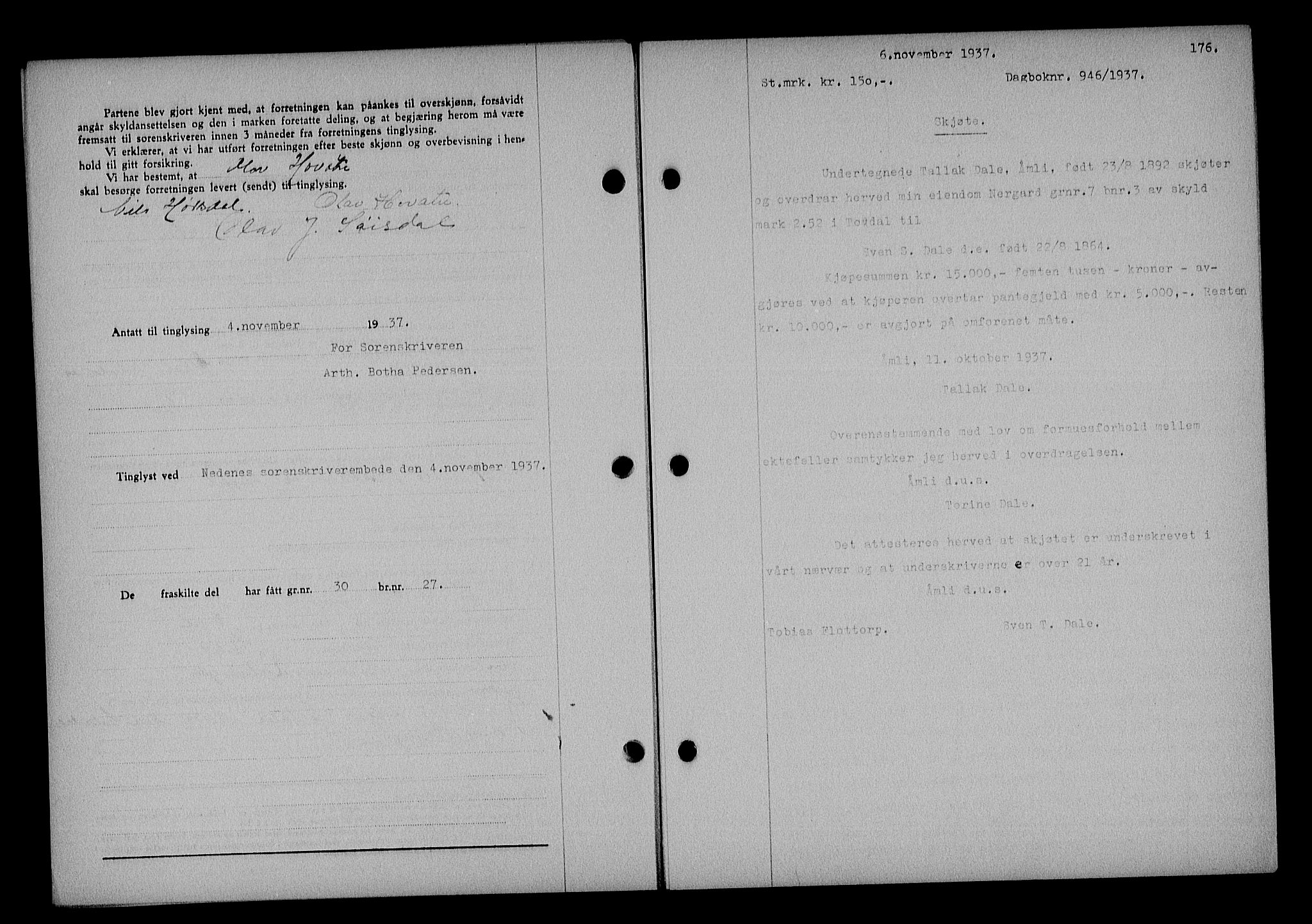 Nedenes sorenskriveri, SAK/1221-0006/G/Gb/Gba/L0044: Mortgage book no. 40, 1937-1938, Diary no: : 946/1937