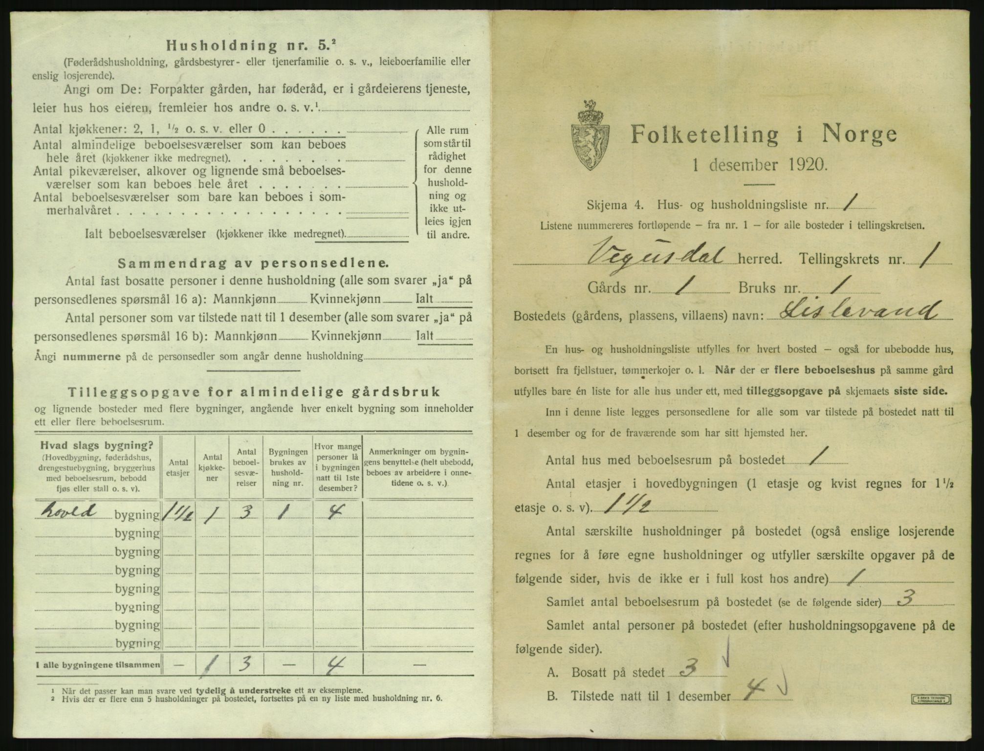 SAK, 1920 census for Vegusdal, 1920, p. 45