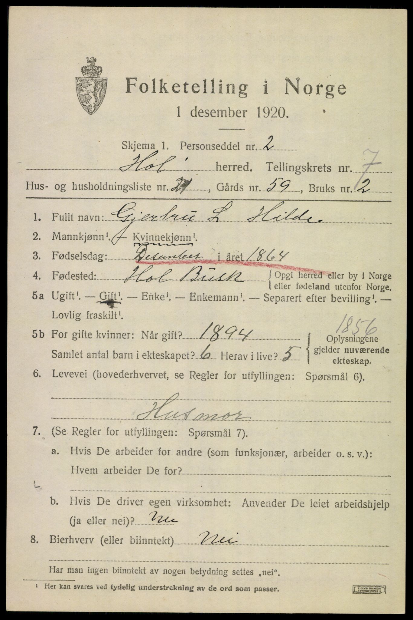 SAKO, 1920 census for Hol (Buskerud), 1920, p. 3771