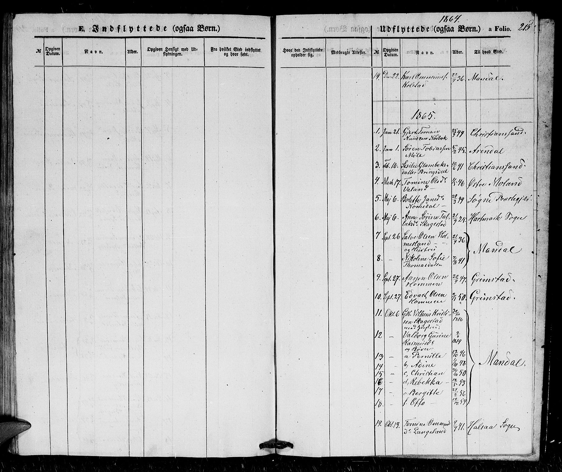 Holum sokneprestkontor, AV/SAK-1111-0022/F/Fb/Fba/L0003: Parish register (copy) no. B 3, 1850-1866, p. 215