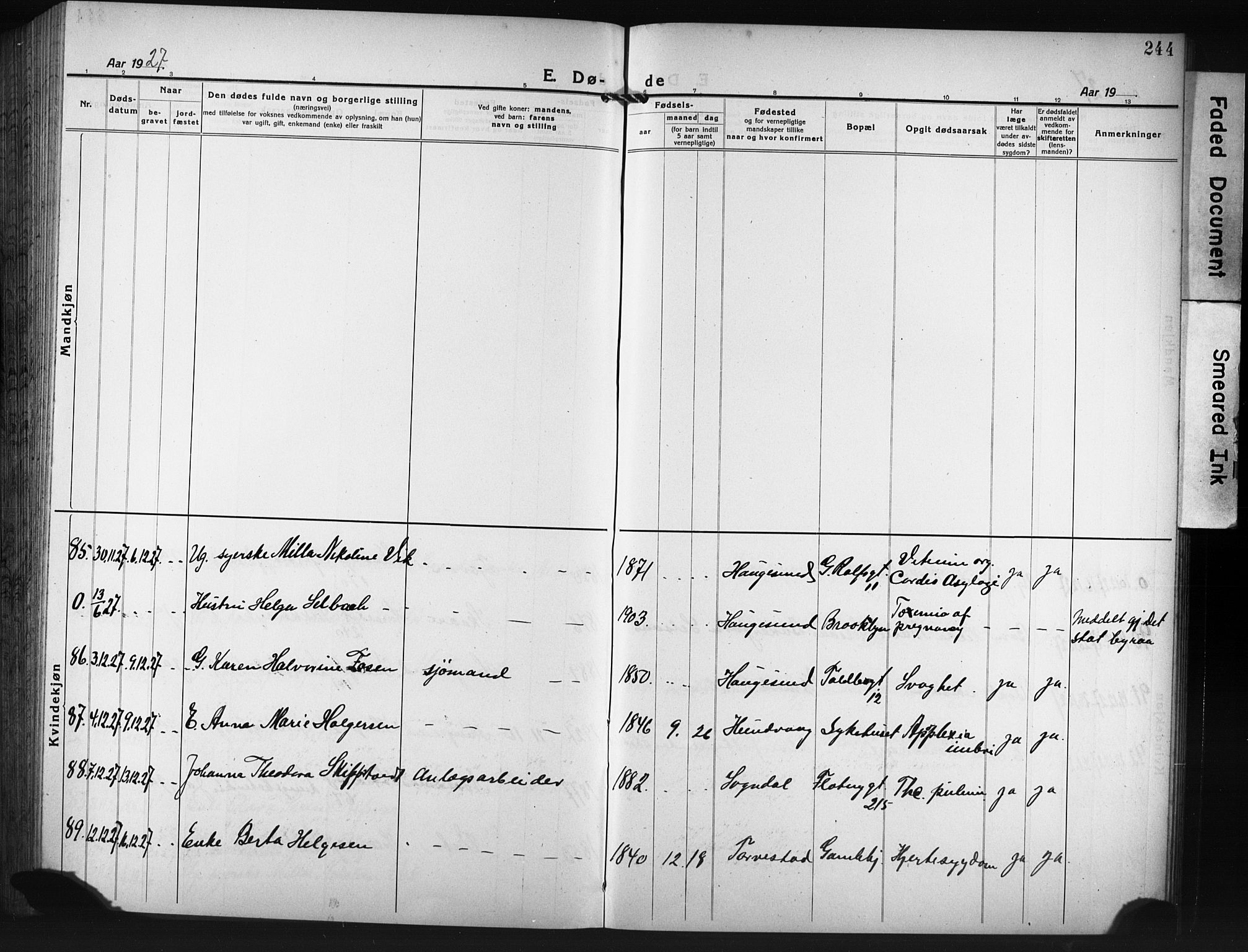 Haugesund sokneprestkontor, AV/SAST-A -101863/H/Ha/Hab/L0010: Parish register (copy) no. B 10, 1920-1931, p. 244