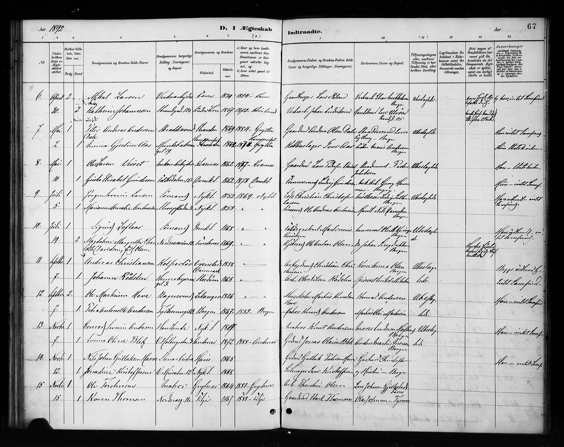 Nykirken Sokneprestembete, SAB/A-77101/H/Haa/L0053: Parish register (official) no. H 2, 1887-1897, p. 67