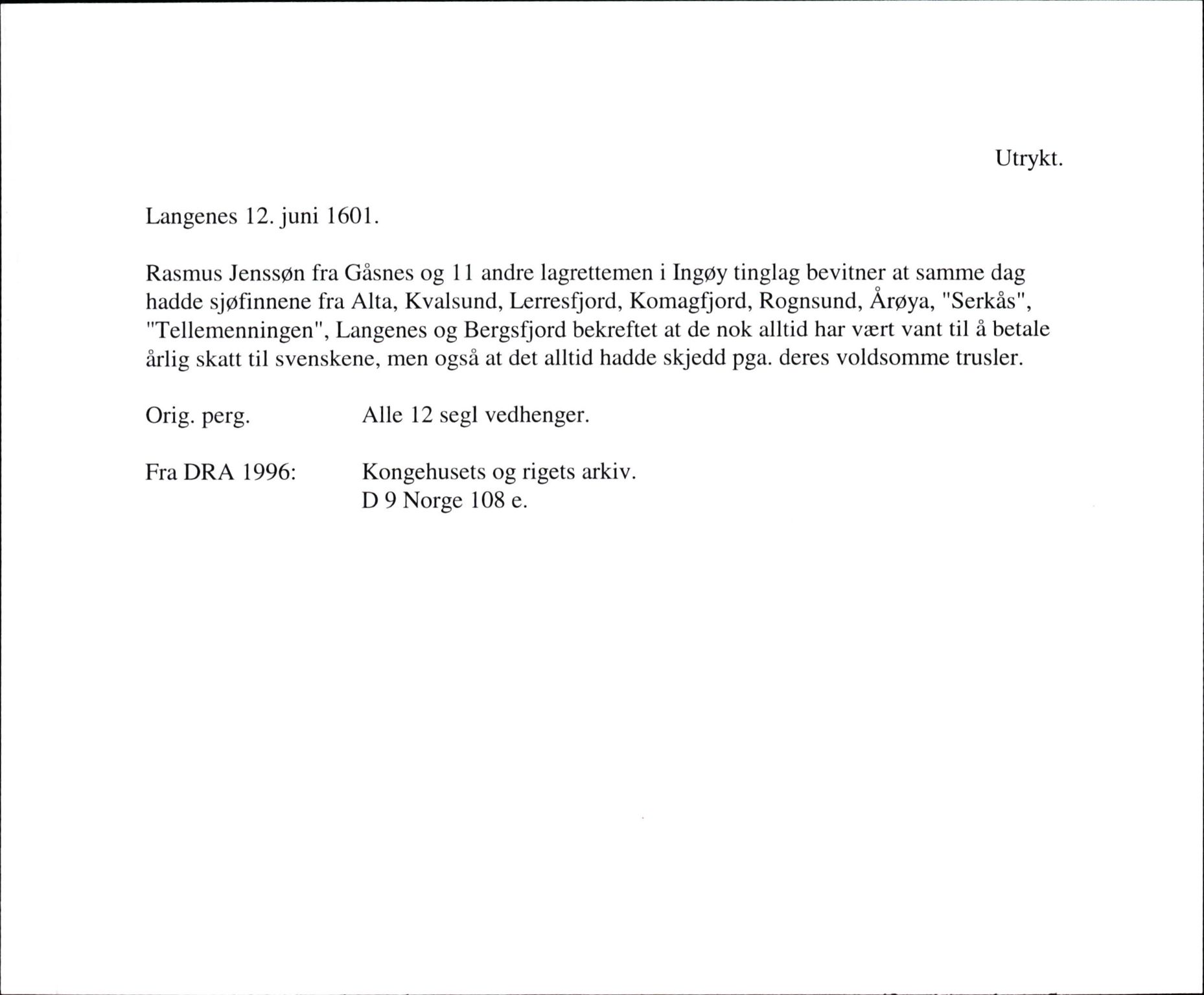 Riksarkivets diplomsamling, AV/RA-EA-5965/F35/F35f/L0001: Regestsedler: Diplomer fra DRA 1937 og 1996, p. 195