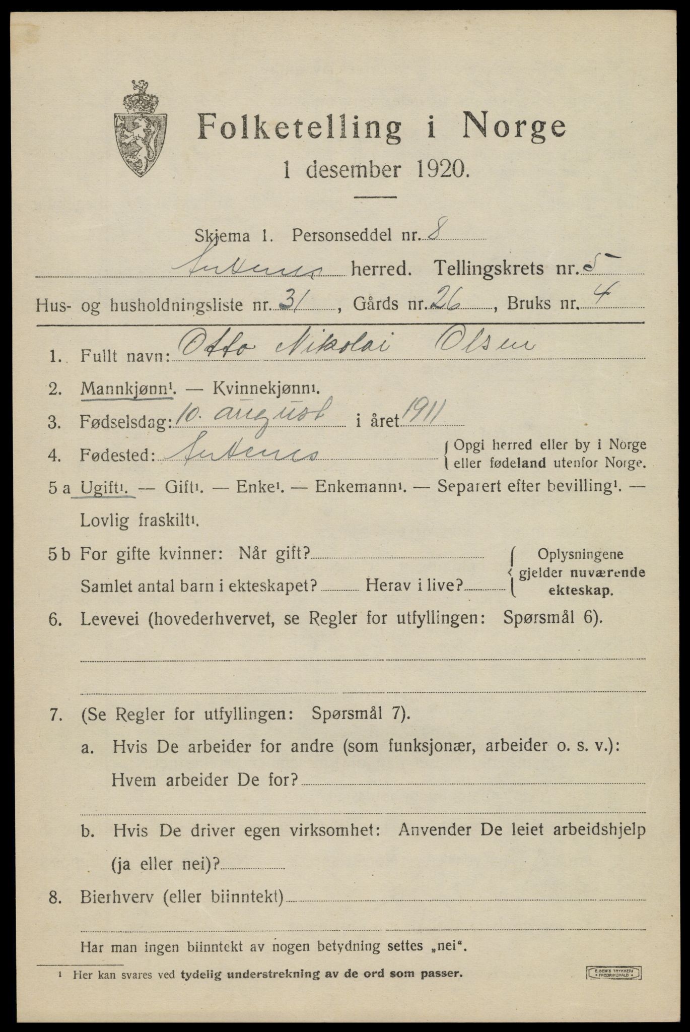 SAT, 1920 census for Ankenes, 1920, p. 3457