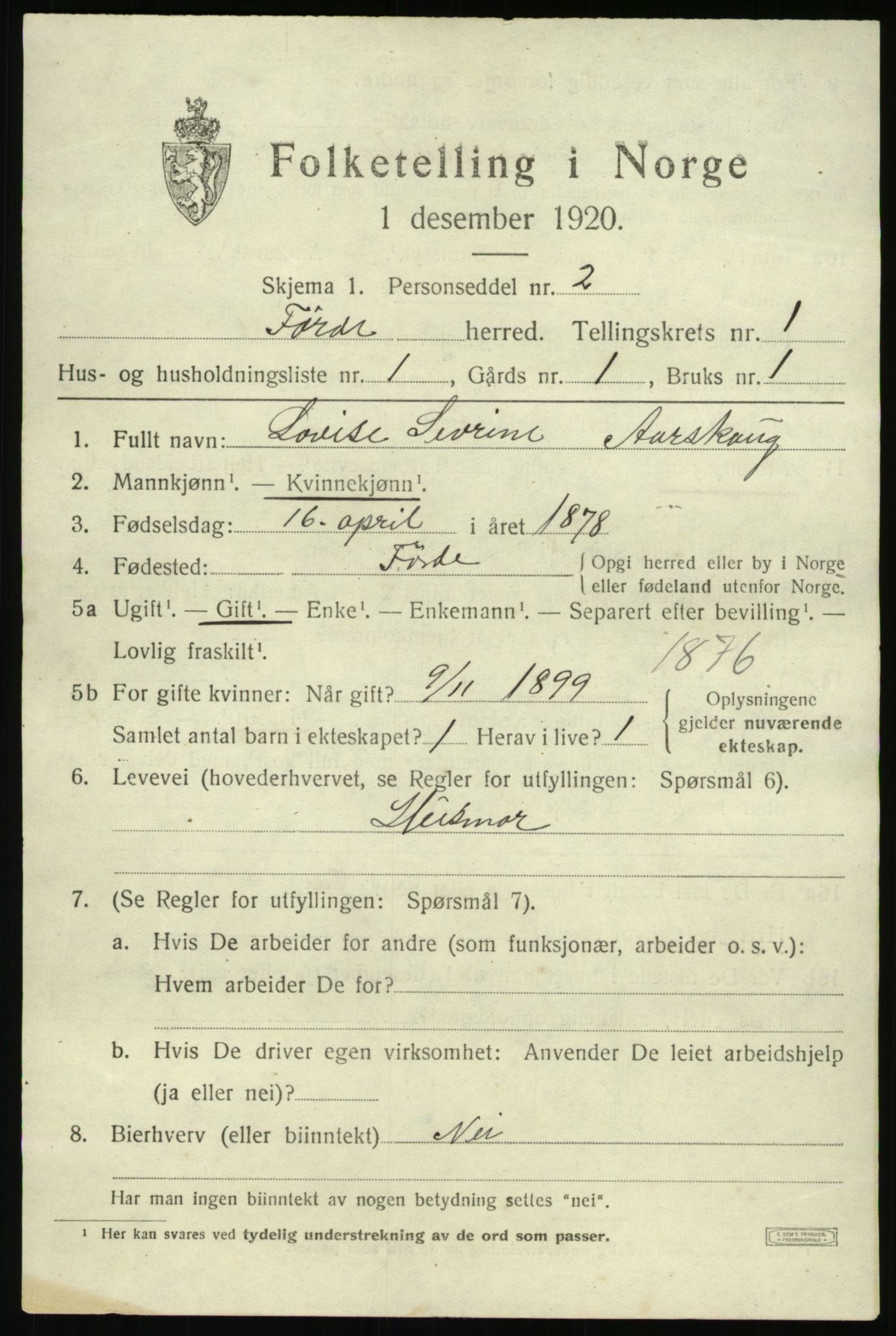 SAB, 1920 census for Førde, 1920, p. 1040