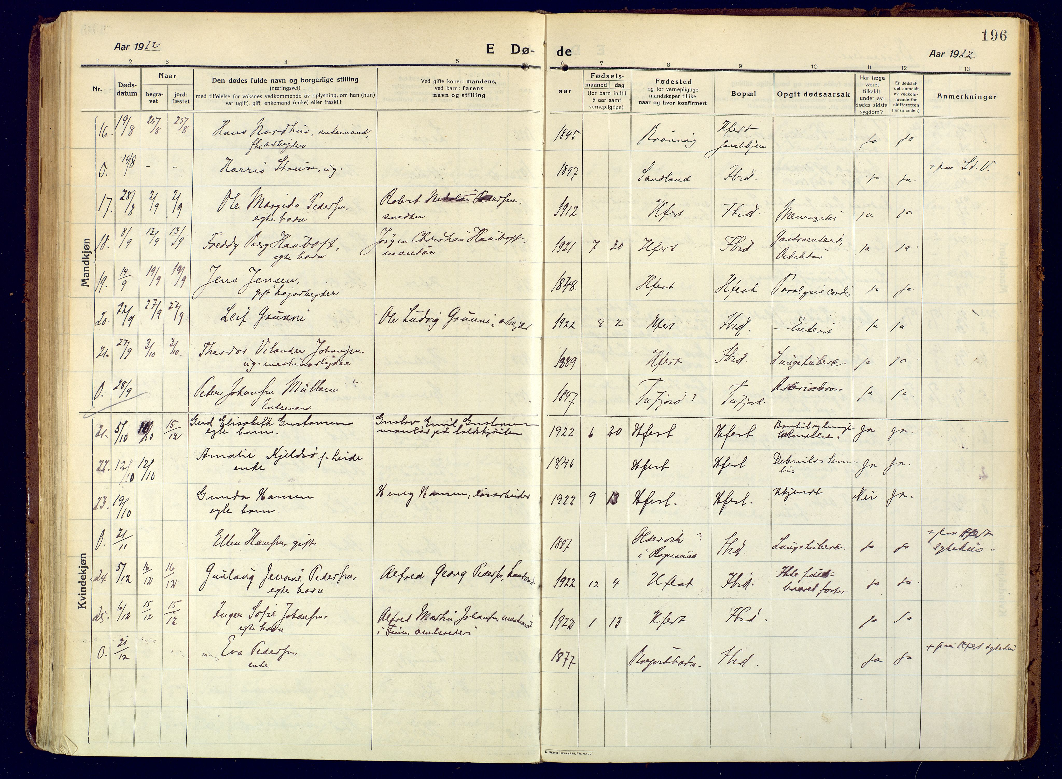 Hammerfest sokneprestkontor, AV/SATØ-S-1347/H/Ha/L0015.kirke: Parish register (official) no. 15, 1916-1923, p. 196