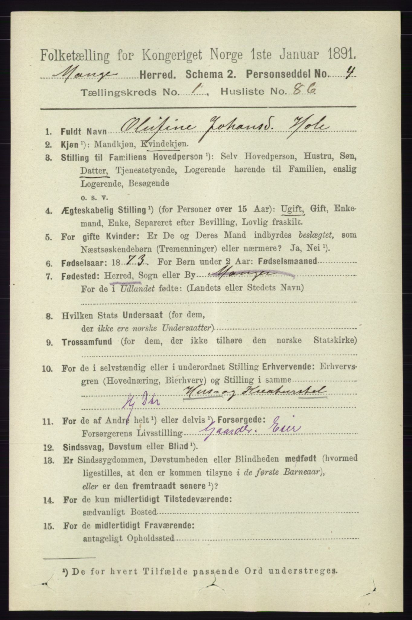 RA, 1891 census for 1261 Manger, 1891, p. 672