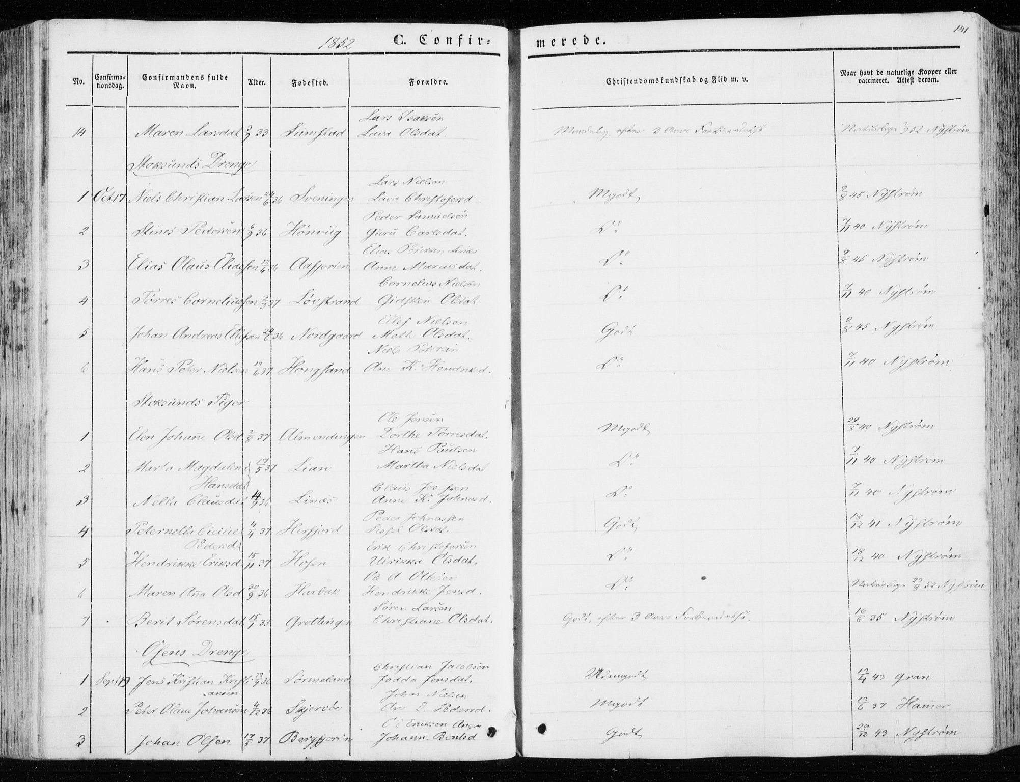 Ministerialprotokoller, klokkerbøker og fødselsregistre - Sør-Trøndelag, SAT/A-1456/657/L0704: Parish register (official) no. 657A05, 1846-1857, p. 141