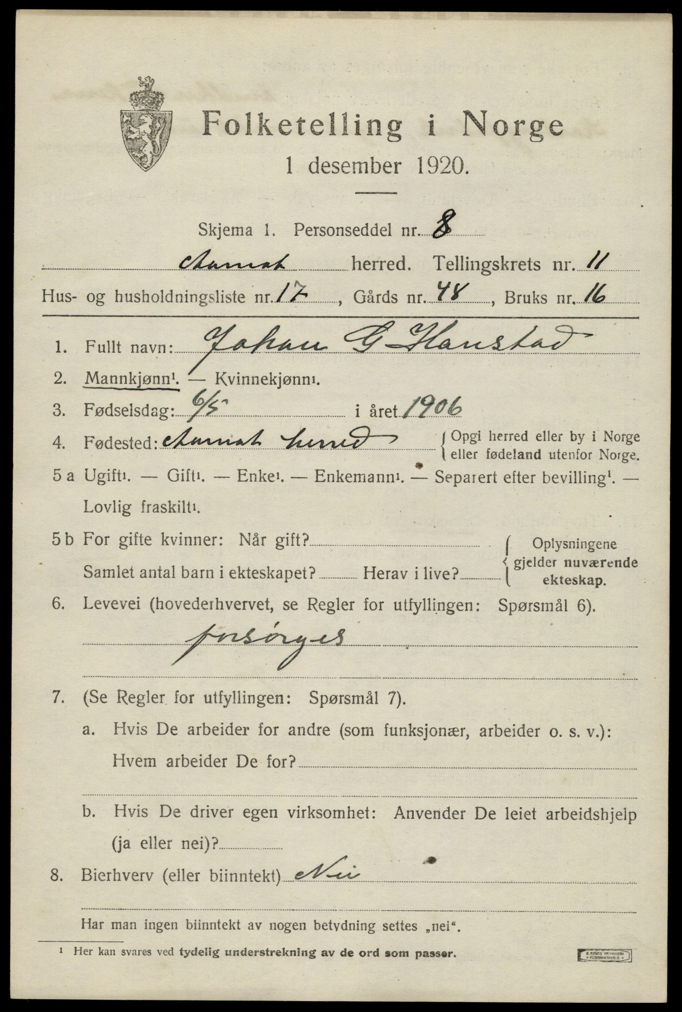 SAH, 1920 census for Åmot, 1920, p. 9587