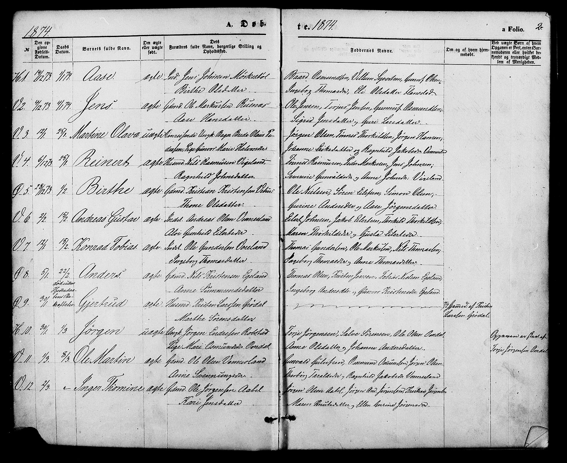 Vennesla sokneprestkontor, AV/SAK-1111-0045/Fa/Fac/L0008: Parish register (official) no. A 8, 1874-1883, p. 2